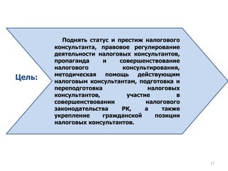 17
Цель:
Поднять статус и престиж налогового
консультанта, правовое регулирование
деятельности налоговых консультантов,
пропаганда и совершенствование
налогового консультирования,
методическая помощь действующим
налоговым консультантам, подготовка и
переподготовка налоговых
консультантов, участие в
совершенствовании налогового
законодательства РК, а также
укрепление гражданской позиции
налоговых консультантов.
 