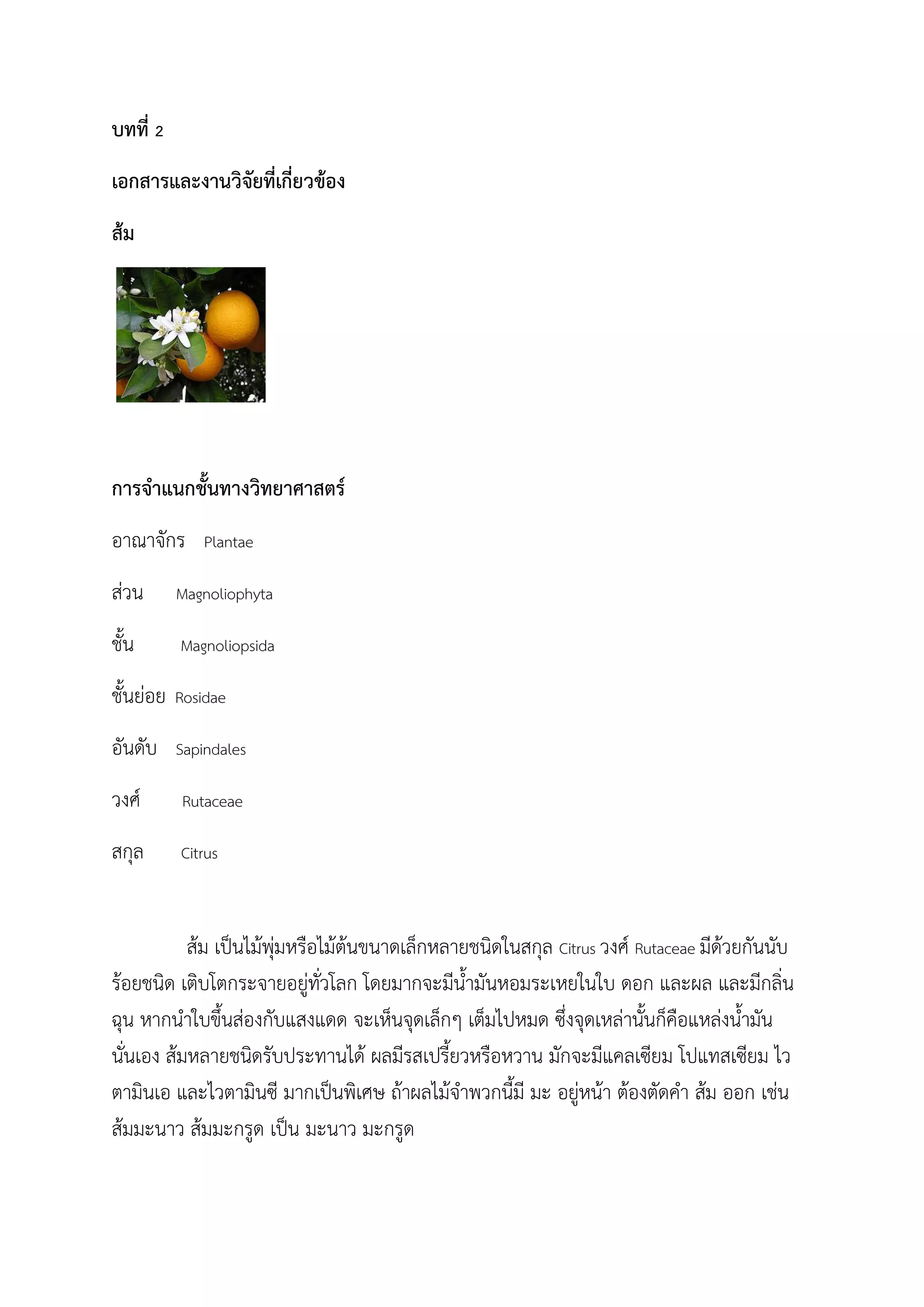 บทที่ 2
เอกสารและงานวิจัยที่เกี่ยวข้อง
ส้ม
การจ้าแนกชันทางวิทยาศาสตร์
อาณาจักร Plantae
ส่วน Magnoliophyta
ชัน Magnoliopsida
ชันย่อย Rosidae
อันดับ Sapindales
วงศ์ Rutaceae
สกุล Citrus
ส้ม เป็นไม้พุ่มหรือไม้ต้นขนาดเล็กหลายชนิดในสกุล Citrus วงศ์ Rutaceae มีด้วยกันนับ
ร้อยชนิด เติบโตกระจายอยู่ทั่วโลก โดยมากจะมีน้ามันหอมระเหยในใบ ดอก และผล และมีกลิ่น
ฉุน หากน้าใบขึนส่องกับแสงแดด จะเห็นจุดเล็กๆ เต็มไปหมด ซึ่งจุดเหล่านันก็คือแหล่งน้ามัน
นั่นเอง ส้มหลายชนิดรับประทานได้ ผลมีรสเปรียวหรือหวาน มักจะมีแคลเซียม โปแทสเซียม ไว
ตามินเอ และไวตามินซี มากเป็นพิเศษ ถ้าผลไม้จ้าพวกนีมี มะ อยู่หน้า ต้องตัดค้า ส้ม ออก เช่น
ส้มมะนาว ส้มมะกรูด เป็น มะนาว มะกรูด
 