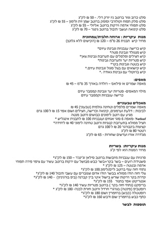 - .‫דלי‬ ‫יורק‬ ‫ניו‬ ‫ברוטב‬ ‫וגזר‬ ‫כרוב‬ ‫סלט‬50‫לק"ג‬ ₪
– ‫ולימון‬ ‫זית‬ ‫שמן‬ ‫ברוטב‬ ‫וסומק‬ ‫וקולורבי‬ ‫תפוח‬ ‫סלק‬ ‫סלט‬55‫לק"ג‬ ₪
– ‫אליולי‬ ‫ברוטב‬ ‫וירקות‬ ‫אדמה‬ ‫תפוחי‬ ‫סלט‬55‫לק"ג‬ ₪
– ‫גינגר‬ ‫ברוטב‬ ‫תיבול‬ ‫ועשבי‬ ‫קינואה‬ ‫סלט‬70‫לק"ג‬ ₪
‫חלבית/צמחונית‬ ‫ארוחה‬ : ‫עיקריות‬ ‫מנות‬
‫תבנית‬ ‫קיש‬ ‫מחיר‬26– ‫ס"מ‬120(‫גלוטן‬ ‫ללא‬ ‫)הקישים‬ ₪
*‫עיזים‬ ‫וגבינת‬ ‫עגבניות‬ ‫כרישה‬ ‫קיש‬
*‫פטה‬ ‫וגבינת‬ ‫מנגולד‬ ‫קיש‬
*‫צאן‬ ‫גבינות‬ ‫תערובת‬ ‫עם‬ ‫ופלפלים‬ ‫חצילים‬ ‫קיש‬
*‫גבינות‬ ‫ותערובת‬ ‫יער‬ ‫פטריות‬ ‫קיש‬
*‫בקר‬ ‫וגבינות‬ ‫בטטה‬ ‫קיש‬
*.‫עיזים‬ ‫וגבינות‬ ‫סגול‬ ‫בצל‬ ‫עם‬ ‫קישואים‬ ‫קיש‬
*. ‫גאודה‬ ‫גבינות‬ ‫עם‬ ‫ברוקולי‬ ‫קיש‬
:‫מאפים‬
‫באורך‬ ‫רולדה‬ – ‫פילאס‬ ‫או‬ ‫שמרים‬ ‫מאפה‬35– ‫ס"מ‬45₪
‫עיזים‬ ‫קממבר‬ ‫וגבינת‬ ‫יער‬ ‫פטריות‬ -‫המאפים‬ ‫מילוי‬
‫עיזים‬ ‫וקממבר‬ ‫עגבניות‬ ‫כרישה‬
‫טבעוניים‬ ‫מאכלים‬
(‫)טבעוני‬ ‫גולמית‬ ‫וטחינה‬ ‫פלפלים‬ ‫שמרים‬ ‫מאפה‬45₪
‫אפוי‬ ‫ושום‬ ‫חצילים‬ ,‫וכרישה‬ ‫קינואה‬ ,‫וערמונים‬ ‫דלעת‬ : ‫לביבות‬15‫ל‬ ₪100‫גרם‬
‫מנטה‬ ‫ורוטב‬ ‫כבושים‬ ‫לימונים‬ ‫רוטב‬ ‫עם‬ ‫מגיע‬
Nutloaf‫-מאפה‬6‫ועגבניות‬ ‫אגוזים‬ ‫סוגי‬100* ‫אינגליש‬ ‫לתבנית‬ ₪
‫לימוני‬ ‫טחינה‬ ‫ורוטב‬ ‫קטניות‬ ‫בתערובת‬ ‫ממולא‬ ‫חציל‬40*‫ליחידה‬ ₪
‫בינבורגר‬ ‫קציצות‬20‫ל‬ ₪100‫גרם‬
‫רטטוי‬80‫לק"ג‬ ₪
- ‫שחורות‬ ‫ועדשים‬ ‫אורז‬ ‫מג'דרה‬65‫לק"ג‬ ₪
‫בשריות‬ :‫עיקריות‬ ‫מנות‬
‫ק"ג‬ ‫לפי‬ ‫הוא‬ ‫המנות‬ ‫מחיר‬
– ‫וג'ינג'ר‬ ‫סילאן‬ ‫ברוטב‬ ‫מיובשות‬ ‫עגבניות‬ ‫עם‬ ‫פרגיות‬150*‫לק"ג‬ ₪
‫תפוחי‬ ‫פירה‬ ‫ציפוי‬ ‫עם‬ ‫עשיר‬ ‫ברוטב‬ ‫ירקות‬ ‫עם‬ ‫מבושל‬ ‫כבש‬ ‫בקר+בשר‬ ‫בשר‬ – ‫רועים‬ ‫פשטידת‬
– ‫ובטטה‬ ‫אדמה‬125* ‫לק"ג‬ ₪
.‫ליים/לימון‬ ‫ברוטב‬ ‫עוף‬ ‫חזה‬ ‫נתחי‬100*‫לק"ג‬ ₪
‫תיבול‬ ‫עשבי‬ ‫עם‬ ‫וצנוברים‬ ‫אדום‬ ‫הודו‬ ‫בבשר‬ ‫ממולא‬ ‫הודו‬ ‫חזה‬ ‫צלי‬140*‫לק"ג‬ ₪
- (‫בורגיניון‬ ‫)ביפ‬ ‫קברנה‬ ‫ביין‬ ‫איטי‬ ‫בישול‬ ‫שורש‬ ‫וירקות‬ ‫בקר‬ ‫קדרת‬140*‫לק"ג‬ ₪
‫בתנור‬ ‫אפוי‬ ‫אנטריקוט‬155*‫לק"ג‬ ₪
‫עשיר‬ ‫פטריות‬ ‫ברוטב‬ ( ‫בקר‬ ‫חזה‬ ‫)נתחי‬ ‫בריסקט‬140*‫לק"ג‬ ₪
-‫לבנה‬ ‫חזרת‬ ‫ורוטב‬ ‫חרדל‬ ‫בגרגרי‬ (‫)סינטה‬ ‫רוסטביפ‬180* ‫לק"ג‬ ₪
‫ושום‬ ‫ברוזמרין‬ (‫)כבש‬ ‫רוסטטלה‬180*‫לק"ג‬ ₪
‫ודבש‬ ‫שום‬ ‫ברוזמרין‬ ‫כבש‬ ‫כתף‬160*‫לק"ג‬ ₪
‫לבשר‬ ‫תוספות‬
 