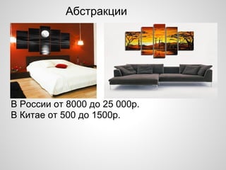 В России от 8000 до 25 000р.
В Китае от 500 до 1500р.
Абстракции
 