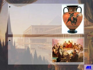 • ด้านจิตรกรรม
ที่ปรากฏอยู่ส่วนใหญ่เป็นลวดลายที่เขียนบนเครื่องปั้นดินเผา
เช่น แจกัน คนโท ฯลฯ และจิตรกรรมฝา
ผนังที่พบในวิหารและกาแพง
• ศิลปะการแสดง
ชาวกรีกได้คิดค้นศิลปะการแสดงประเภทต่างๆ
ส่วนใหญ่เป็นการจัดแสดงเพื่อเฉลิมฉลองพิธีบวงสรวง
เทพเจ้าของตน เช่น ละครกลางแจ้งซึ่งเป็นต้นแบบ
ของการแสดงละครในปัจจุบัน ดนตรีและการละเล่นอื่นๆ
MENU
 