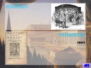 การศึกษา
การศึกษามีความสาคัญต่อวิถีชีวิตของชาวกรีก
เพราะทาให้มีสถานะที่ดีในสังคม ผู้ที่ได้รับการศึกษา
สูงจะมีส่วนร่วมทางการเมืองการปกครอง
ดังนั้นจึงจัดการศึกษาขั้นประถมให้แก่เด็กชายโดย
ไม่ต้องเสียค่าเล่าเรียน
วรรณกรรม
ได้แก่ มหากาพย์ของโฮเมอร์เรื่อง อีเลียด และ โอเดสซี
สะท้อนความรู้สึกของกวีต่อโศกนาฏกรรมในสงครามกรุงทรอย (Troy)
นอกจากความงดงามของภาษาและการดาเนินเรื่องแล้ว
มหากาพย์ทั้งสองเรื่องนี้ยังให้ข้อมูลทางประวัติศาสตร์เกี่ยวกับวิถีชีวิต
ประเพณีและความคิดของชาวกรีก
MENU
 