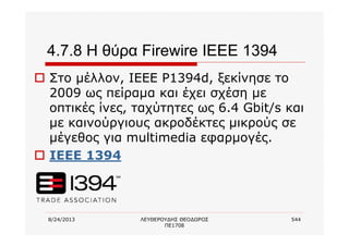 8/24/2013 ΛΕΥΘΕΡΟΥΔΗΣ ΘΕΟΔΩΡΟΣ
ΠΕ1708
544
4.7.8 Η θύρα Firewire IEEE 1394
o Στο μέλλον, IEEE P1394d, ξεκίνησε το
2009 ως πείραμα και έχει σχέση με
οπτικές ίνες, ταχύτητες ως 6.4 Gbit/s και
με καινούργιους ακροδέκτες μικρούς σε
μέγεθος για multimedia εφαρμογές.
o IEEE 1394
 