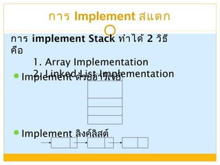 การ Implement สแตก
Implement ด้วยอาร์เรย์
Implement ลิงค์ลิสต์
การ implement Stack ทำาได้ 2 วิธี
คือ
1. Array Implementation
2. Linked List Implementation
 