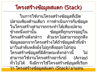 โครงสร้างข้อมูลสแตกโครงสร้างข้อมูลสแตก (Stack)(Stack)
ในการใช้งานโครงสร้างข้อมูลที่เปิด
ปลายเพียงด้านเดียว การดำาเนินการกับข้อมูล
ในโครงสร้างสามารถกระทำาได้เพียงปลาย
ข้างหนึ่งเท่านั้น ข้อมูลที่ถูกบรรจุอยู่ใน
โครงสร้างดังกล่าว ตัวแรกไม่สามารถถูกดึง
ข้อมูลออกจากโครงสร้างได้ถ้าข้อมูลตัวที่เข้า
มาในลำาดับหลังยังไม่ถูกดึงออกไปก่อน
โครงสร้างข้อมูลที่มีลักษณะดังกล่าวนี้ ไม่
สามารถใช้งานโครงสร้างอาร์เรย์ (Array)
ทั่วไปได้ จึงมีการใช้โครงสร้างข้อมูลที่เรียก
ว่า โครงสร้างข้อมูลสแตก (Stack) มาแทน
 