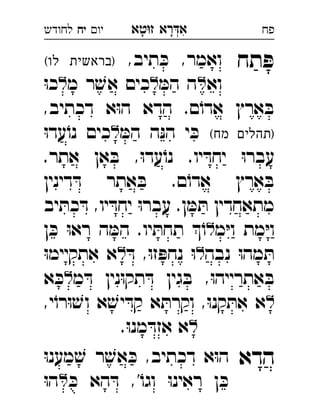 ‫רא‬‫א‬‫טא‬‫ז‬ ְִָָ‫יו‬‫יח‬‫לחודש‬ ‫פח‬
‫תח‬ ּ‫פ‬,‫תיב‬ ּ‫כ‬ ,‫ואמר‬(‫לו‬ ‫)בראשית‬ 
‫וא‬ּ‫המ‬ ‫ה‬‫מ‬ ‫ר‬ ׁ‫אש‬ ‫כים‬ּ‫ו‬‫כ‬ 
,‫דכתיב‬ ‫א‬ּ‫ו‬‫ה‬ ‫הדא‬ .‫ם‬ֹ‫אדו‬ ‫ארץ‬ ּ‫ב‬
(‫מח‬ ‫)תהלים‬ּ‫המ‬ ‫ה‬ּ‫נ‬‫ה‬ ‫י‬ ּ‫כ‬ּ‫ו‬‫עד‬ֹ‫נו‬ ‫כים‬ 
.‫אתר‬ ‫אן‬ ּ‫ב‬ ,ּ‫ו‬‫עד‬ֹ‫נו‬ .‫יו‬ ּ‫יחד‬ ּ‫ו‬‫עבר‬
‫דינין‬ ּ‫ד‬ ‫אתר‬ ּ‫ב‬ .‫ם‬ֹ‫אדו‬ ‫ארץ‬ ּ‫ב‬
‫עב‬ .‫ן‬ ּ‫מ‬ ּ‫ת‬ ‫מתאחדין‬‫יב‬ ּ‫כת‬ ּ‫ד‬ ,‫יו‬ ּ‫יחד‬ ּ‫ו‬‫ר‬ 
‫מ‬ּ‫י‬‫ו‬ ‫מת‬ּ‫י‬‫ו‬‫ן‬ ּ‫כ‬ ּ‫ו‬‫רא‬ ‫ה‬ ּ‫המ‬ .‫יו‬ ּ‫תחת‬ ֹ‫ו‬ 
‫נבה‬ ּ‫ו‬‫מה‬ ּ‫ת‬ּ‫ד‬ ,ּ‫ו‬‫ז‬ ּ‫נחפ‬ ּ‫ו‬ּ‫ו‬‫אתקיימ‬ ‫א‬ 
‫מ‬ ּ‫ד‬ ‫נין‬ּ‫ו‬‫תק‬ ּ‫ד‬ ‫גין‬ ּ‫ב‬ ,ּ‫ו‬‫אתרייה‬ ּ‫ב‬‫א‬ ּ‫כ‬ 
,‫י‬ֹ‫רו‬ּ‫ו‬ ׁ‫וש‬ ‫א‬ ׁ‫יש‬ ּ‫קד‬ ‫א‬ ּ‫וקרת‬ ,ּ‫ו‬‫קנ‬ ּ‫את‬ ‫א‬ 
.ּ‫ו‬‫מנ‬ ּ‫אזד‬ ‫א‬ 
‫הדא‬ּ‫ו‬‫מענ‬ ׁ‫ש‬ ‫ר‬ ׁ‫אש‬ ּ‫כ‬ ,‫דכתיב‬ ‫א‬ּ‫ו‬‫ה‬ 
ּ‫כ‬ ‫הא‬ ּ‫ד‬ ,'ֹ‫וגו‬ ּ‫ו‬‫ראינ‬ ‫ן‬ ּ‫כ‬ּ‫ו‬‫ה‬ 
 