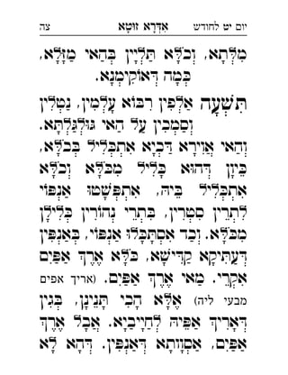 ‫רא‬‫א‬‫טא‬‫ז‬ ְִָָ ‫יו‬‫יט‬‫לחודש‬‫צה‬
‫מ‬‫וכ‬ ,‫תא‬ּ‫ת‬ ‫א‬ּ‫ז‬‫מ‬ ‫האי‬ ּ‫ב‬ ‫יין‬,‫א‬ 
.‫קימנא‬ֹ‫או‬ ּ‫ד‬ ‫מה‬ ּ‫כ‬
‫עה‬ ׁ‫ש‬ ּ‫ת‬‫א‬‫ע‬ ‫א‬ֹ‫ו‬ ּ‫רב‬ ‫פין‬‫נט‬ ,‫מין‬‫ין‬ 
‫ע‬ ‫וסמכין‬ּ‫ו‬ּ‫ג‬ ‫האי‬ּ‫ג‬.‫א‬ ּ‫ת‬ 
‫כיא‬ ּ‫ד‬ ‫אוירא‬ ‫והאי‬ּ‫אתכ‬‫י‬‫כ‬ ּ‫ב‬,‫א‬ 
ּ‫כ‬ ‫א‬ּ‫ו‬‫ה‬ ּ‫ד‬ ‫יון‬ ּ‫כ‬‫י‬ּ‫מכ‬‫וכ‬ ‫א‬‫א‬ 
ּ‫אתכ‬‫י‬‫י‬ֹ‫ו‬ ּ‫אנפ‬ ּ‫ו‬‫ט‬ ׁ‫ש‬ ּ‫אתפ‬ , ּ‫יה‬ ּ‫ב‬ 
ּ‫כ‬ ‫רין‬ֹ‫נהו‬ ‫תרי‬ ּ‫ב‬ ,‫סטרין‬ ‫תרין‬‫י‬‫ן‬ 
ּ‫מכ‬ּ‫כ‬ ּ‫אסת‬ ‫וכד‬ .‫א‬‫ין‬ ּ‫אנפ‬ ּ‫ב‬ ,‫י‬ֹ‫ו‬ ּ‫אנפ‬ ּ‫ו‬ 
ּ‫כ‬ ,‫א‬ ׁ‫יש‬ ּ‫קד‬ ‫יקא‬ ּ‫עת‬ ּ‫ד‬‫ים‬ ּ‫אפ‬ ‫אר‬ ‫א‬ 
.‫ים‬ ּ‫אפ‬ ‫אר‬ ‫מאי‬ .‫אקרי‬‫אפים‬ ‫)אריך‬ 
(‫ליה‬ ‫מבעי‬‫א‬‫גין‬ ּ‫ב‬ ,‫נינן‬ ּ‫ת‬ ‫הכי‬ ‫א‬ 
ּ‫יה‬ ּ‫אפ‬ ‫ארי‬ ּ‫ד‬‫אב‬ .‫חייביא‬‫אר‬  
‫הא‬ ּ‫ד‬ .‫ין‬ ּ‫אנפ‬ ּ‫ד‬ ‫אסוותא‬ ,‫ים‬ ּ‫אפ‬‫א‬ 
 