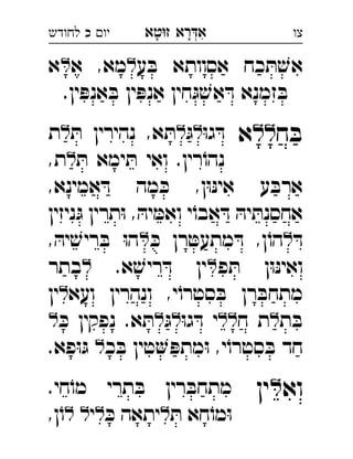 ‫רא‬‫א‬‫טא‬‫ז‬ ְִָָ‫יו‬‫כ‬‫לחודש‬ ‫צו‬
‫ע‬ ּ‫ב‬ ‫אסוותא‬ ‫כח‬ ּ‫ת‬ ׁ‫אש‬‫א‬ ,‫מא‬‫א‬ 
.‫ין‬ ּ‫אנפ‬ ּ‫ב‬ ‫ין‬ ּ‫אנפ‬ ‫חין‬ּ‫ג‬ ׁ‫אש‬ ּ‫ד‬ ‫זמנא‬ ּ‫ב‬‫כ‬ 
‫ח‬ ּ‫ב‬‫ל‬‫ל‬‫א‬ּ‫ו‬‫ג‬ ּ‫ד‬ּ‫ג‬ּ‫ת‬ ‫נהירין‬ ,‫א‬ ּ‫ת‬‫ת‬ 
ּ‫ת‬ ‫ימא‬ ּ‫ת‬ ‫ואי‬ .‫רין‬ֹ‫נהו‬,‫ת‬ 
,‫אמינא‬ ּ‫ד‬ ‫מה‬ ּ‫כ‬ ,‫ן‬ּ‫ו‬ּ‫נ‬‫אי‬ ‫ע‬ ּ‫ארב‬
‫ניזין‬ּ‫ג‬ ‫תרין‬ּ‫ו‬ , ּ‫יה‬ ּ‫ואמ‬ ‫י‬ֹ‫אבו‬ ּ‫ד‬ ּ‫יה‬ ּ‫אחסנת‬
ּ‫ד‬ּ‫כ‬ ‫רן‬ ּ‫מתעט‬ ּ‫ד‬ ,‫ן‬ֹ‫הו‬, ּ‫יה‬ ׁ‫ריש‬ ּ‫ב‬ ּ‫ו‬‫ה‬ 
‫פ‬ ּ‫ת‬ ‫ן‬ּ‫ו‬ּ‫נ‬‫ואי‬.‫א‬ ׁ‫ריש‬ ּ‫ד‬ ‫ין‬‫בתר‬ 
‫ועא‬ ‫ונהרין‬ ,‫י‬ֹ‫סטרו‬ ּ‫ב‬ ‫רן‬ ּ‫מתחב‬‫ין‬ 
‫ת‬ ּ‫ב‬‫ח‬ ‫ת‬ּ‫ו‬‫ג‬ ּ‫ד‬ ‫י‬ּ‫ג‬ּ‫כ‬ ‫נפקין‬ .‫א‬ ּ‫ת‬ 
‫כ‬ ּ‫ב‬ ‫טין‬ ּ‫מתפ‬ּ‫ו‬ ,‫י‬ֹ‫סטרו‬ ּ‫ב‬ ‫חד‬.‫פא‬ּ‫ו‬ּ‫ג‬ 
‫וא‬‫ין‬.‫חי‬ֹ‫מו‬ ‫תרי‬ ּ‫ב‬ ‫רין‬ ּ‫מתחב‬ 
ּ‫ת‬ ‫חא‬ֹ‫מו‬ּ‫ו‬ּ‫כ‬ ‫יתאה‬‫י‬,‫ן‬ֹ‫ו‬ 
 