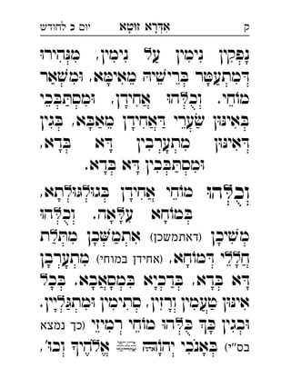 ‫רא‬‫א‬‫טא‬‫ז‬ ְִָָ‫יו‬‫כ‬‫לחודש‬ ‫ק‬
‫ע‬ ‫נימין‬ ‫נפקין‬ּ‫ו‬‫היר‬ּ‫נ‬‫מ‬ ,‫נימין‬  
‫אר‬ ׁ‫מש‬ּ‫ו‬ ,‫א‬ ּ‫מאימ‬ ּ‫יה‬ ׁ‫ריש‬ ּ‫ב‬ ‫ר‬ ּ‫מתעט‬ ּ‫ד‬
‫וכ‬ .‫חי‬ֹ‫מו‬ּ‫ב‬ ּ‫מסת‬ּ‫ו‬ ,‫אחידן‬ ּ‫ו‬‫ה‬‫כי‬ 
‫גין‬ ּ‫ב‬ ,‫א‬ ּ‫מאב‬ ‫אחידן‬ ּ‫ד‬ ‫ערי‬ ׂ‫ש‬ ‫ן‬ּ‫ו‬ּ‫נ‬‫אי‬ ּ‫ב‬
,‫דא‬ ּ‫ב‬ ‫א‬ ּ‫ד‬ ‫מתערבין‬ ‫ן‬ּ‫ו‬ּ‫נ‬‫אי‬ ּ‫ד‬
.‫דא‬ ּ‫ב‬ ‫א‬ ּ‫ד‬ ‫כין‬ ּ‫ב‬ ּ‫מסת‬ּ‫ו‬
‫וכ‬ּ‫ו‬‫ה‬ּ‫ו‬‫ג‬ ּ‫ב‬ ‫אחידן‬ ‫חי‬ֹ‫מו‬ּ‫ו‬ּ‫ג‬,‫תא‬ 
‫ע‬ ‫חא‬ֹ‫מו‬ ּ‫ב‬‫וכ‬ .‫אה‬ּ‫ו‬‫ה‬ 
‫יכן‬ ׁ‫מש‬(‫)דאתמשכן‬ּ‫מת‬ ‫כן‬‫אתמ‬‫ת‬ 
‫ח‬,‫חא‬ֹ‫מו‬ ּ‫ד‬ ‫י‬(‫במוחי‬ ‫)אחידן‬‫מתערבן‬ 
‫כ‬ ּ‫ב‬ .‫מסאבא‬ ּ‫ב‬ ‫דכיא‬ ּ‫ב‬ ,‫דא‬ ּ‫ב‬ ‫א‬ ּ‫ד‬ 
ּ‫מתג‬ּ‫ו‬ ‫סתימין‬ ,‫ורזין‬ ‫טעמין‬ ‫ן‬ּ‫ו‬ּ‫נ‬‫אי‬.‫יין‬ 
ּ‫כ‬  ּ‫כ‬ ‫בגין‬ּ‫ו‬‫רמיזי‬ ‫חי‬ֹ‫מו‬ ּ‫ו‬‫ה‬‫נמצא‬ ‫)כך‬ 
(‫''י‬‫בס‬ֹ‫יהו‬ ‫אנכי‬ ּ‫ב‬‫א‬,'ּ‫ו‬‫וכ‬ ‫הי‬ 
 