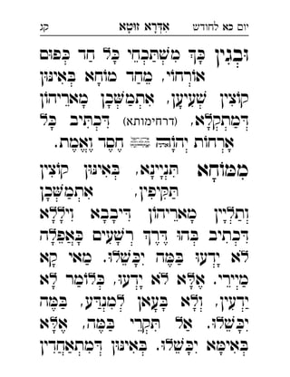 ‫רא‬‫א‬‫טא‬‫ז‬ ְִָָ ‫יו‬‫כא‬‫לחודש‬‫קג‬
‫בגין‬ּ‫ו‬ּ‫כ‬ ‫כחי‬ ּ‫ת‬ ׁ‫מש‬  ּ‫כ‬‫ם‬ּ‫ו‬‫פ‬ ּ‫כ‬ ‫חד‬ 
‫ן‬ּ‫ו‬ּ‫נ‬‫אי‬ ּ‫ב‬ ‫חא‬ֹ‫מו‬ ‫מחד‬ ,‫י‬ֹ‫רחו‬ֹ‫או‬
‫ן‬ֹ‫מאריהו‬ ‫כן‬‫אתמ‬ ,‫עיען‬ ׁ‫ש‬ ‫צין‬ֹ‫קו‬
‫מתק‬ ּ‫ד‬,‫א‬(‫)דרחימותא‬ּ‫כ‬ ‫יב‬ ּ‫כת‬ ּ‫ד‬ 
ֹ‫יהו‬ ‫ת‬ֹ‫ארחו‬.‫ואמת‬ ‫חסד‬ 
‫חא‬ֹ‫ו‬ ּ‫ממ‬‫צין‬ֹ‫קו‬ ‫ן‬ּ‫ו‬ּ‫נ‬‫אי‬ ּ‫ב‬ ,‫ניינא‬ ּ‫ת‬ 
‫כן‬‫אתמ‬ ,‫יפין‬ ּ‫ק‬ ּ‫ת‬
‫ות‬‫וי‬ ‫יבבא‬ ּ‫ד‬ ‫ן‬ֹ‫מאריהו‬ ‫יין‬‫א‬ 
‫אפ‬ ּ‫כ‬ ‫עים‬ ׁ‫רש‬ ‫ר‬ ּ‫ד‬ ּ‫ו‬‫ה‬ ּ‫ב‬ ‫כתיב‬ ּ‫ד‬‫ה‬ 
ׁ‫ש‬ ּ‫יכ‬ ‫ה‬ ּ‫מ‬ ּ‫ב‬ ּ‫ו‬‫ידע‬ ‫א‬‫קא‬ ‫מאי‬ .ּ‫ו‬ 
‫א‬ .‫מיירי‬‫א‬ּ‫כ‬ ,ּ‫ו‬‫ידע‬ ‫א‬‫מר‬ֹ‫ו‬‫א‬ 
‫ו‬ ,‫ידעין‬‫עאן‬ ּ‫ב‬ ‫א‬‫ה‬ ּ‫מ‬ ּ‫ב‬ ,‫ע‬ ּ‫מנד‬ 
ׁ‫ש‬ ּ‫יכ‬‫א‬ .ּ‫ו‬‫א‬ ,‫ה‬ ּ‫מ‬ ּ‫ב‬ ‫קרי‬ ּ‫ת‬‫א‬ 
ׁ‫ש‬ ּ‫יכ‬ ‫א‬ ּ‫אימ‬ ּ‫ב‬‫מתאחדין‬ ּ‫ד‬ ‫ן‬ּ‫ו‬ּ‫נ‬‫אי‬ ּ‫ב‬ .ּ‫ו‬ 
 