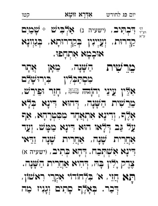 ‫רא‬‫א‬‫טא‬‫ז‬ ְִָָ ‫יו‬‫כג‬‫לחודש‬‫קטו‬
,‫יב‬ ּ‫כת‬ ּ‫ד‬(‫נ‬ ‫)ישעיה‬‫א‬ׁ‫יש‬ ּ‫ב‬‫מים‬ ׁ‫ש‬ 
‫גוונא‬ ּ‫ב‬ ,‫תא‬ּ‫ו‬‫קדר‬ ּ‫ב‬ ‫ועיינין‬ ,‫ת‬ּ‫ו‬‫קדר‬
.ּ‫ו‬‫אתחפ‬ ‫כמא‬ּ‫ו‬‫א‬
‫ית‬ ׁ‫מרש‬‫אתר‬ ‫מאן‬ ,‫נה‬‫ה‬ 
ּ‫כ‬ ּ‫מסת‬ׁ‫ש‬ּ‫ו‬‫יר‬ ּ‫ב‬ ‫ין‬‫ם‬ 
‫א‬ֹ‫יהו‬ ‫עיני‬ ‫ין‬, ׁ‫פירש‬ּ‫ו‬ ‫חזר‬ , 
ּ‫ב‬ ‫ינא‬ ּ‫ד‬ ‫א‬ּ‫ו‬‫ה‬ ּ‫ד‬ ,‫נה‬‫ה‬ ‫ית‬ ׁ‫מרש‬‫א‬ 
‫א‬‫טר‬ ּ‫מס‬ ‫אתאחד‬ ‫ודינא‬ ,‫ף‬‫אף‬ ,‫הא‬ 
‫ע‬ּ‫ד‬ ‫ב‬ּ‫ג‬‫ועד‬ . ׁ‫ש‬ ּ‫ממ‬ ‫ינא‬ ּ‫ד‬ ‫א‬ּ‫ו‬‫ה‬ ‫או‬ 
‫אי‬ ּ‫וד‬ ‫נה‬ ׁ‫ש‬ ‫אחרית‬ ,‫נה‬ ׁ‫ש‬ ‫אחרית‬
,‫תיב‬ ּ‫כ‬ ‫הא‬ ּ‫ד‬ .‫כח‬ ּ‫ת‬ ׁ‫אש‬ ‫ינא‬ ּ‫ד‬(‫א‬ ‫)ישעיה‬ 
‫י‬ ‫צדק‬.‫נה‬‫ה‬ ‫אחרית‬ ‫היא‬ ּ‫ד‬ , ּ‫ה‬ ּ‫ב‬ ‫ין‬ 
‫א‬ ּ‫ת‬ּ‫ב‬ '‫א‬ ,‫חזי‬,‫ן‬ֹ‫ו‬ ׁ‫ראש‬ ‫אקרי‬ ‫י‬ֹ‫דו‬ֹ‫חו‬ 
‫א‬ ּ‫ב‬ .‫כר‬ ּ‫ד‬‫מה‬ ‫וגניז‬ ‫סתים‬ ‫ף‬ 
‫דף‬
‫''ד‬‫רצ‬
‫ע''א‬
 