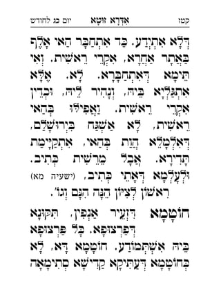 ‫רא‬‫א‬‫טא‬‫ז‬ ְִָָ‫יו‬‫כג‬‫לחודש‬ ‫קטז‬
ּ‫ד‬‫א‬ ‫האי‬ ‫ר‬ ּ‫אתחב‬ ‫ד‬ ּ‫כ‬ .‫אתידע‬ ‫א‬‫ף‬ 
‫ואי‬ .‫ית‬ ׁ‫ראש‬ ‫אקרי‬ ,‫אחרא‬ ‫אתר‬ ּ‫ב‬
.‫רא‬ ּ‫אתחב‬ ּ‫ד‬ ‫ימא‬ ּ‫ת‬‫א‬ .‫א‬‫א‬ 
ּ‫אתג‬‫ונהיר‬ , ּ‫יה‬ ּ‫ב‬ ‫יא‬‫כדין‬ּ‫ו‬ , ּ‫יה‬ 
‫ואפי‬ .‫ית‬ ׁ‫ראש‬ ‫אקרי‬‫האי‬ ּ‫ב‬ ּ‫ו‬ 
,‫ית‬ ׁ‫ראש‬ׁ‫ש‬ּ‫ו‬‫יר‬ ּ‫ב‬ ‫ח‬ּ‫ג‬ ׁ‫אש‬ ‫א‬,‫ם‬ 
‫א‬ ּ‫ד‬‫מ‬‫ימת‬ּ‫י‬‫אתק‬ ,‫האי‬ ּ‫ב‬ ‫הות‬ ‫א‬ 
‫אב‬ .‫דירא‬ ּ‫ת‬.‫תיב‬ ּ‫כ‬ ‫ית‬ ׁ‫מרש‬ 
ּ‫ו‬‫ע‬,‫תיב‬ ּ‫כ‬ ‫אתי‬ ּ‫ד‬ ‫מא‬(‫מא‬ ‫)ישעיה‬ 
‫ן‬ֹ‫ו‬ ׁ‫ראש‬.'ֹ‫וגו‬ ‫ם‬ּ‫נ‬‫ה‬ ‫ה‬ּ‫נ‬‫ה‬ ‫ן‬ֹ‫ו‬ּ‫י‬‫צ‬ 
‫טמא‬ֹ‫חו‬‫נא‬ּ‫ו‬ ּ‫ק‬ ּ‫ת‬ ,‫אנפין‬ ‫זעיר‬ ּ‫ד‬ 
ּ‫כ‬ .‫פא‬ּ‫ו‬‫פרצ‬ ּ‫ד‬‫פא‬ּ‫ו‬‫רצ‬ ּ‫פ‬ 
,‫א‬ ּ‫ד‬ ‫טמא‬ֹ‫חו‬ .‫דע‬ֹ‫מו‬ ּ‫ת‬ ׁ‫אש‬ ּ‫יה‬ ּ‫ב‬‫א‬ 
‫סתימאה‬ ‫א‬ ׁ‫קדיש‬ ‫יקא‬ ּ‫עת‬ ּ‫ד‬ ‫טמא‬ֹ‫חו‬ ּ‫כ‬
 