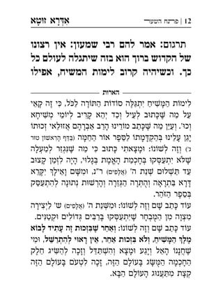 ‫ט‬‫ז‬ ‫רא‬‫א‬‫א‬ ְִָָ 12|‫השעﬧ‬ ‫פﬨח‬
:‫תרגום‬‫רצונו‬ ‫אין‬ :‫שמעון‬ ‫רבי‬ ‫להם‬ ‫אמר‬
‫כל‬ ‫לעולם‬ ‫שיתגלה‬ ‫בזה‬ ‫הוא‬ ‫ברוך‬ ‫הקדוש‬ ‫של‬
‫אפילו‬ ,‫המשיח‬ ‫לימות‬ ‫קרוב‬ ‫וכשיהיה‬ .‫כך‬
‫הארות‬
‫קאי‬ ‫זה‬ ‫י‬ ,‫ל‬‫ל‬ ‫רה‬‫ה‬ ‫ת‬‫ד‬‫ס‬ ‫ה‬‫ית‬ ‫יח‬‫ה‬ ‫ת‬‫לימ‬ְִִִִֵֶֶַַַַַָָָֹ
‫יחא‬‫מ‬ ‫מי‬‫לי‬ ‫קריב‬ ‫יהא‬ ‫וכד‬ ‫לעיל‬ ‫ב‬‫ת‬ ‫מה‬ ‫על‬ְְְְְִִֵֵֵֶַַַָָָ
‫ת‬‫זכ‬ ‫לאי‬‫אז‬ ‫אברה‬ ‫הרב‬ ‫רינ‬‫מ‬ ‫תב‬ ‫מה‬ ‫וע‬ .'‫וכ‬ְְְְֲֵֵֶַַַַַַָָָָ
‫ה‬‫הח‬ ‫ר‬‫א‬ ‫פר‬‫ל‬ ‫מת‬‫הק‬ ‫עלינ‬ ‫יג‬‫ר‬‫ט‬ ‫הרא‬ ) ְְִֵֵֵֶַַַַַַָָָָָָ
('‫ג‬‫למעלה‬ ‫גזר‬ ‫מה‬ ‫י‬ ‫ב‬‫ת‬ ‫מצאתי‬ :‫נ‬‫ל‬ ‫וזה‬ְְְְְִִִֶֶַַַָָָָ
‫ב‬‫קצ‬ ‫לזמ‬ ‫היה‬ ,‫י‬‫גל‬ ‫האמת‬ ‫חכמת‬ ‫ק‬‫יתע‬ ‫א‬ְְְְְְֱִִֶֶַַַָָָָָָֹ
'‫ה‬ ‫נת‬ ‫ל‬ ‫עד‬(‫)אלפי‬‫רא‬‫י‬ ‫ואיל‬ ‫מ‬ ,‫ר"נ‬ ְְֲִִִֵֵַַַָָָָָ
‫ק‬‫להתע‬ ‫נה‬‫נת‬ ‫ת‬‫והר‬ ‫זרה‬‫ה‬ ‫רה‬‫וה‬ ‫תראה‬ ‫רא‬ְְְְְְְְְִֵֵַַַָָָָָָָָֻ
.‫הר‬‫ה‬ ‫ספר‬ְֵֶַַֹ
'‫ה‬ ‫נת‬‫מ‬ :‫נ‬‫ל‬ ‫וזה‬  ‫תב‬ ‫ד‬‫ע‬(‫)אלפי‬‫ליצירה‬ '‫ש‬ ְְְְֲִִִֶַַַָָָָ
.‫י‬‫קט‬ ‫לי‬‫ד‬ ‫י‬‫ר‬ ‫ק‬‫תע‬ ‫בחר‬‫ה‬ ‫מ‬ ‫מצוה‬ְְְְְְִִִִִִֶַַַַָָָֻ
:‫נ‬‫ל‬ ‫וזה‬  ‫תב‬ ‫ד‬‫ע‬‫א‬‫לב‬ ‫עתיד‬ ‫זה‬ ‫ת‬‫זכ‬ ‫ואחר‬ ְְְְִִֶֶֶַַַָָָָ
‫אחר‬ ‫ת‬‫זכ‬ ‫ולא‬ ,‫יח‬‫ה‬ ‫מל‬,‫ל‬‫להתר‬ ‫י‬‫רא‬ ‫אי‬‫מי‬ , ְְְְִִִִֵֵֵֶֶַַַַָָֹ
‫חלק‬ ‫יג‬‫לה‬ ‫וזכה‬ ‫ל‬‫וה‬ ‫מצא‬ ‫ויגע‬ ‫האל‬ ‫חננ‬ְְְְְֲִִֵֵֵֶֶַַַָָָָָָָ
‫ה‬‫ה‬ ‫ל‬‫ע‬ ‫לטע‬ ‫זכה‬ ,‫ה‬‫ה‬ ‫ל‬‫ע‬ ‫ג‬‫ה‬ ‫החכמה‬ְְִֶֶַַַַָָָָָָָָָֹֻ
.‫א‬‫ה‬ ‫ל‬‫הע‬ ‫ג‬‫ענ‬‫מ‬ ‫קצת‬ְֲִַַָָָָ
 