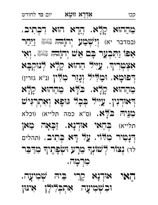‫רא‬‫א‬‫טא‬‫ז‬ ְִָָ‫יו‬‫כד‬‫לחודש‬ ‫קכו‬
‫ק‬ ‫א‬ּ‫ו‬‫מהה‬,‫דכתיב‬ ‫א‬ּ‫ו‬‫ה‬ ‫הדא‬ .‫א‬ 
(‫יא‬ ‫)במדבר‬ֹ‫יהו‬ ‫מע‬ ׁ‫ש‬ ּ‫י‬‫ו‬‫חר‬ּ‫י‬‫ו‬ 
ׁ‫אש‬ ‫ם‬ ּ‫ב‬ ‫בער‬ ּ‫ות‬ ֹ‫ו‬ ּ‫אפ‬ֹ‫יהו‬‫ואי‬ . 
‫י‬ּ‫י‬‫ע‬ ,‫אצטרי‬‫ק‬ ‫א‬ּ‫ו‬‫הה‬ ‫א‬‫א‬ ּ‫קב‬ּ‫ו‬‫נ‬ 
‫מ‬ּ‫ו‬ ,‫מא‬ּ‫ו‬‫פ‬ ּ‫ד‬‫י‬‫מ‬ ‫וגזר‬ ‫ין‬(‫גזרין‬ ‫''א‬‫)נ‬ 
‫ק‬ ‫א‬ּ‫ו‬‫מהה‬ּ‫כ‬ .‫א‬‫ק‬ ‫א‬ּ‫ו‬‫מהה‬ ‫א‬‫א‬ 
‫י‬ּ‫י‬‫ע‬ .‫דנין‬ּ‫ו‬‫א‬ ּ‫ד‬‫כ‬ ּ‫ב‬ ׁ‫יש‬ּ‫ואתרג‬ ‫פא‬ּ‫ו‬ּ‫ג‬  
ּ‫כ‬ ּ‫יה‬ּ‫נ‬‫מ‬.‫א‬(‫תלייא‬ ‫כמה‬ ‫''א‬‫)ס‬‫)וכלא‬ 
(‫תלייא‬‫מאן‬ ‫אה‬ ּ‫זכ‬ .‫דנא‬ּ‫ו‬‫א‬ ‫האי‬ ּ‫ב‬
‫מ‬ ‫נטיר‬ ּ‫ד‬‫ע‬ .‫י‬ֹ‫ו‬,‫תיב‬ ּ‫כ‬ ‫א‬ ּ‫ד‬ ‫)תהלים‬ 
(‫לד‬‫ר‬ֹ‫נצו‬‫ר‬ ּ‫ב‬ ּ‫מד‬ ‫פתי‬ׂ‫ש‬ּ‫ו‬ ‫מרע‬ ‫נ‬ֹ‫ו‬ ׁ‫ש‬ 
.‫מרמה‬
‫האי‬.‫מיעה‬ ׁ‫ש‬ ּ‫יה‬ ּ‫ב‬ ‫קרי‬ ‫דנא‬ּ‫ו‬‫א‬ 
ּ‫אתכ‬ ‫מיעה‬ ׁ‫בש‬ּ‫ו‬‫י‬‫ן‬ּ‫ו‬ּ‫נ‬‫אי‬ ‫ן‬ 
 