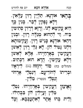 ‫רא‬‫א‬‫טא‬‫ז‬ ְִָָ‫יו‬‫כה‬‫לחודש‬ ‫קכח‬
‫האי‬ ּ‫ב‬ּ‫ת‬ ,‫דנא‬ּ‫ו‬‫א‬‫יין‬‫ע‬ ‫רזין‬,‫אין‬ 
ּ‫ד‬‫נפקין‬ ‫א‬ ּ‫כ‬ ‫גין‬ ּ‫ב‬ ,‫בר‬ 
‫עקימא‬ ‫היא‬‫סתימין‬ ‫רזין‬ ּ‫ד‬ ‫ורזא‬ .ֹ‫גו‬ 
‫ווי‬ , ּ‫יה‬ ּ‫ב‬‫מג‬ ‫א‬ּ‫ו‬‫הה‬‫בגין‬ּ‫ו‬ .‫רזין‬ ‫ה‬ 
‫תא‬ּ‫ו‬‫ועקימ‬ ,‫רזין‬ ׁ‫ניש‬ ּ‫כ‬ ‫דנא‬ּ‫ו‬‫א‬ ‫האי‬ ּ‫ד‬
ּ‫ד‬‫נטי‬ ֹ‫גו‬,‫ן‬ֹ‫ו‬ּ‫ג‬ ‫א‬‫רזין‬ ‫י‬‫ן‬ּ‫ו‬ּ‫נ‬‫אי‬ 
‫א‬ ,ּ‫ו‬‫ארחייה‬ ּ‫ב‬ ‫עקימין‬ ּ‫ד‬‫א‬‫ן‬ּ‫ו‬ּ‫נ‬‫אי‬ 
ּ‫ד‬,‫דכתיב‬ ‫א‬ּ‫ו‬‫ה‬ ‫הדא‬ .‫עקימין‬ ‫א‬ 
(‫כה‬ ‫)תהלים‬ֹ‫יהו‬ ‫ד‬ֹ‫סו‬‫יראיו‬ 
ֹ‫בריתו‬ּ‫ו‬‫נט‬ ּ‫ד‬ ,‫דיעם‬ֹ‫הו‬‫י‬ֹ‫ארחו‬ ‫י‬ 
‫ונט‬‫י‬(‫)ונטרי‬‫מ‬.‫ין‬ 
‫ן‬ּ‫ו‬ּ‫נ‬‫ואי‬‫נט‬ ,ּ‫ו‬‫ארחייה‬ ּ‫ב‬ ‫עקימין‬ ּ‫ד‬‫י‬ 
‫מ‬‫ועיי‬ ‫ין‬‫ין‬‫בהי‬ ּ‫ב‬ ‫ן‬ֹ‫ו‬,ּ‫ו‬ 
‫ו‬‫אתר‬ ּ‫ו‬‫ה‬ ּ‫ב‬ ‫ית‬‫וכ‬ .‫בא‬ ּ‫אתעכ‬ 
 
