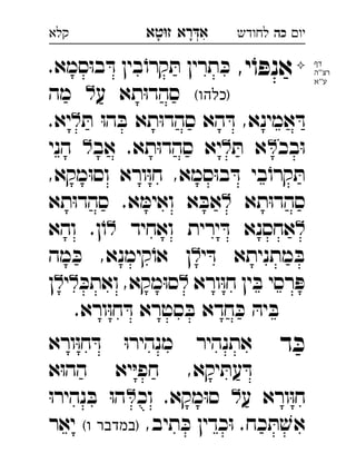 ‫רא‬‫א‬‫טא‬‫ז‬ ְִָָ ‫יו‬‫כה‬‫לחודש‬‫קלא‬

,‫י‬ֹ‫ו‬ ּ‫אנפ‬.‫סמא‬ּ‫ו‬‫ב‬ ּ‫ד‬ ‫בין‬ֹ‫קרו‬ ּ‫ת‬ ‫תרין‬ ּ‫כ‬ 
(‫)כלהו‬‫ע‬ ‫תא‬ּ‫ו‬‫סהד‬‫מה‬  
ּ‫ת‬ ּ‫ו‬‫ה‬ ּ‫ב‬ ‫תא‬ּ‫ו‬‫סהד‬ ‫הא‬ ּ‫ד‬ ,‫אמינא‬ ּ‫ד‬.‫יא‬ 
‫בכ‬ּ‫ו‬ּ‫ת‬ ‫א‬‫אב‬ .‫תא‬ּ‫ו‬‫סהד‬ ‫יא‬‫הני‬  
,‫מקא‬ּ‫ו‬‫וס‬ ‫ורא‬ּ‫ו‬‫ח‬ ,‫סמא‬ּ‫ו‬‫ב‬ ּ‫ד‬ ‫בי‬ֹ‫קרו‬ ּ‫ת‬
‫תא‬ּ‫ו‬‫סהד‬‫תא‬ּ‫ו‬‫סהד‬ .‫א‬ ּ‫ואימ‬ ‫א‬ ּ‫אב‬ 
‫ואחיד‬ ‫ירית‬ ּ‫ד‬ ‫אחסנא‬‫והא‬ .‫ן‬ֹ‫ו‬ 
‫י‬ ּ‫ד‬ ‫מתניתא‬ ּ‫ב‬‫מה‬ ּ‫כ‬ ,‫קימנא‬ֹ‫או‬ ‫ן‬ 
‫ורא‬ּ‫ו‬‫ח‬ ‫ין‬ ּ‫ב‬ ‫רסי‬ ּ‫פ‬ּ‫ואתכ‬ ,‫מקא‬ּ‫ו‬‫ס‬‫י‬‫ן‬ 
.‫ורא‬ּ‫ו‬‫ח‬ ּ‫ד‬ ‫סטרא‬ ּ‫ב‬ ‫חדא‬ ּ‫כ‬ ּ‫יה‬ ּ‫ב‬
‫ד‬ ּ‫כ‬‫ורא‬ּ‫ו‬‫ח‬ ּ‫ד‬ ּ‫ו‬‫מנהיר‬ ‫אתנהיר‬ 
‫א‬ּ‫ו‬‫הה‬ ‫יא‬ּ‫י‬‫חפ‬ ,‫יקא‬ ּ‫עת‬ ּ‫ד‬
‫ע‬ ‫ורא‬ּ‫ו‬‫ח‬‫וכ‬ .‫מקא‬ּ‫ו‬‫ס‬ּ‫ו‬‫נהיר‬ ּ‫ב‬ ּ‫ו‬‫ה‬ 
,‫תיב‬ ּ‫כ‬ ‫כדין‬ּ‫ו‬ .‫כח‬ ּ‫ת‬ ׁ‫אש‬(‫ו‬ ‫)במדבר‬‫יאר‬ 
‫דף‬
‫''ה‬‫רצ‬
‫ע''א‬
 