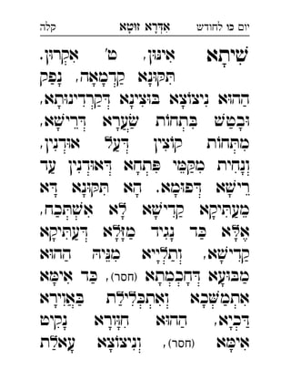 ‫רא‬‫א‬‫טא‬‫ז‬ ְִָָ ‫יו‬‫כו‬‫לחודש‬‫קלה‬
‫יתא‬ ׁ‫ש‬.‫ן‬ּ‫ו‬‫אקר‬ '‫ט‬ ,‫ן‬ּ‫ו‬ּ‫נ‬‫אי‬ 
‫נפק‬ ,‫קדמאה‬ ‫נא‬ּ‫ו‬ ּ‫ק‬ ּ‫ת‬
,‫תא‬ּ‫ו‬‫קרדינ‬ ּ‫ד‬ ‫צינא‬ּ‫ו‬ ּ‫ב‬ ‫צא‬ֹ‫ניצו‬ ‫א‬ּ‫ו‬‫הה‬
,‫א‬ ׁ‫ריש‬ ּ‫ד‬ ‫ערא‬ׂ‫ש‬ ‫ת‬ֹ‫תחו‬ ּ‫ב‬ ׁ‫בטש‬ּ‫ו‬
‫ע‬ ּ‫ד‬ ‫צין‬ֹ‫קו‬ ‫ת‬ֹ‫חו‬ ּ‫מת‬,‫דנין‬ּ‫ו‬‫א‬ 
‫עד‬ ‫דנין‬ּ‫ו‬‫א‬ ּ‫ד‬ ‫תחא‬ ּ‫פ‬ ‫י‬ ּ‫מ‬ ּ‫מק‬ ‫ונחית‬
‫א‬ ּ‫ד‬ ‫נא‬ּ‫ו‬ ּ‫ק‬ ּ‫ת‬ ‫הא‬ .‫מא‬ּ‫ו‬‫פ‬ ּ‫ד‬ ‫א‬ ׁ‫ריש‬
‫א‬ ׁ‫קדיש‬ ‫יקא‬ ּ‫מעת‬,‫כח‬ ּ‫ת‬ ׁ‫אש‬ ‫א‬ 
‫א‬ּ‫ז‬‫מ‬ ‫נגיד‬ ‫ד‬ ּ‫כ‬ ‫א‬‫יקא‬ ּ‫עת‬ ּ‫ד‬ ‫א‬ 
‫ות‬ ,‫א‬ ׁ‫קדיש‬‫י‬‫א‬ּ‫ו‬‫הה‬ ּ‫יה‬ּ‫נ‬‫מ‬ ‫יא‬ 
‫חכמתא‬ ּ‫ד‬ ‫עא‬ּ‫ו‬ ּ‫מב‬(‫)חסר‬‫א‬ ּ‫אימ‬ ‫ד‬ ּ‫כ‬ , 
ּ‫ואתכ‬ ‫כא‬‫אתמ‬‫י‬‫אוירא‬ ּ‫ב‬ ‫ת‬ 
‫נקיט‬ ‫ורא‬ּ‫ו‬‫ח‬ ‫א‬ּ‫ו‬‫הה‬ ,‫כיא‬ ּ‫ד‬
‫א‬ ּ‫אימ‬(‫)חסר‬‫עא‬ ‫צא‬ֹ‫וניצו‬ ,‫ת‬ 
 