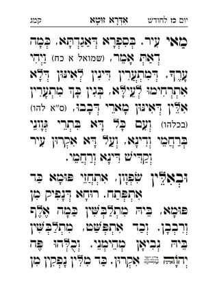 ‫רא‬‫א‬‫טא‬‫ז‬ ְִָָ ‫יו‬‫כז‬‫לחודש‬‫קמג‬
‫מאי‬‫מה‬ ּ‫כ‬ ,‫א‬ ּ‫אגדת‬ ּ‫ד‬ ‫ספרא‬ ּ‫ב‬ .‫עיר‬ 
,‫אמר‬ ּ‫דאת‬(‫כח‬ ‫א‬ ‫)שמואל‬‫ויהי‬ 
‫ינין‬ ּ‫ד‬ ‫מתערין‬ ּ‫ד‬ .‫ער‬ּ‫ד‬ ‫ן‬ּ‫ו‬ּ‫נ‬‫אי‬‫א‬ 
ּ‫ו‬‫אתרחימ‬‫עי‬‫מתערין‬  ּ‫כ‬ ‫גין‬ ּ‫ב‬ ,‫א‬ 
‫א‬,ּ‫ו‬‫בב‬ ּ‫ד‬ ‫מארי‬ ‫ן‬ּ‫ו‬ּ‫נ‬‫אי‬ ּ‫ד‬ ‫ין‬(‫להו‬ ‫''א‬‫)ס‬ 
(‫)בכלהו‬ּ‫כ‬ ‫ועם‬‫ווני‬ּ‫ג‬ ‫תרי‬ ּ‫ב‬ ‫א‬ ּ‫ד‬  
‫וע‬ ,‫ודינא‬ ‫רחמי‬ ּ‫ב‬‫עיר‬ ‫ן‬ּ‫ו‬‫אקר‬ ‫א‬ ּ‫ד‬  
.‫ורחמי‬ ‫ינא‬ ּ‫ד‬ ׁ‫יש‬ ּ‫וקד‬
‫בא‬ּ‫ו‬‫ין‬‫ד‬ ּ‫כ‬ ‫מא‬ּ‫ו‬ ּ‫פ‬ ‫אתחזי‬ ,‫פוון‬ ׂ‫ש‬ 
‫מן‬ ‫נפיק‬ ּ‫ד‬ ‫חא‬ּ‫ו‬‫ר‬ .‫תח‬ ּ‫אתפ‬
‫מת‬ ּ‫יה‬ ּ‫ב‬ ,‫מא‬ּ‫ו‬ ּ‫פ‬‫א‬ ‫מה‬ ּ‫כ‬ ‫ין‬ ּ‫ב‬‫ף‬ 
‫מת‬ ,‫ט‬ ּ‫אתפ‬ ‫וכד‬ .‫ורבבן‬‫ין‬ ּ‫ב‬ 
‫וכ‬ .‫מהימני‬ ‫נביאן‬ ּ‫יה‬ ּ‫ב‬‫ה‬ ּ‫פ‬ ּ‫ו‬‫ה‬ 
ֹ‫יהו‬‫מ‬ ‫ד‬ ּ‫כ‬ .‫ן‬ּ‫ו‬‫אקר‬‫נפק‬ ‫ין‬‫מן‬ ‫ין‬ 
 