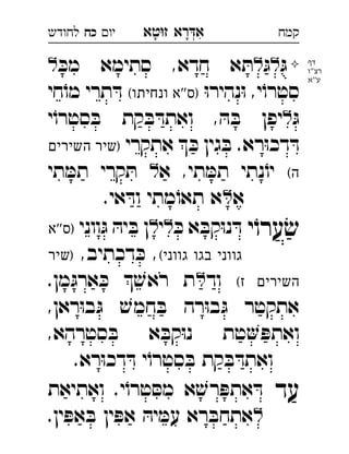 ‫רא‬‫א‬‫טא‬‫ז‬ ְִָָ‫יו‬‫כח‬‫לחודש‬ ‫קמח‬
ּ‫ג‬ּ‫ג‬ּ‫מכ‬ ‫סתימא‬ ,‫חדא‬ ‫א‬ ּ‫ת‬ 
ּ‫ו‬‫נהיר‬ּ‫ו‬ ,‫י‬ֹ‫סטרו‬(‫ונחיתו‬ ‫''א‬‫)ס‬‫חי‬ֹ‫מו‬ ‫תרי‬ ּ‫ד‬ 
ּ‫ג‬‫י‬ֹ‫סטרו‬ ּ‫ב‬ ‫קת‬ ּ‫ב‬ ּ‫ואתד‬ , ּ‫ה‬ ּ‫ב‬ ‫יפן‬
‫אתקרי‬  ּ‫כ‬ ‫גין‬ ּ‫ב‬ .‫רא‬ּ‫ו‬‫דכ‬ ּ‫ד‬‫השירים‬ ‫)שיר‬ 
(‫ה‬‫א‬ ,‫תי‬ ּ‫תמ‬ ‫נתי‬ֹ‫יו‬‫תי‬ ּ‫תמ‬ ‫קרי‬ ּ‫ת‬ 
‫א‬.‫אי‬ ּ‫וד‬ ‫מתי‬ֹ‫תאו‬ ‫א‬‫כח‬ 
‫י‬ֹ‫ערו‬ ׂ‫ש‬ּ‫כ‬ ‫א‬ ּ‫קב‬ּ‫ו‬‫נ‬ ּ‫ד‬‫י‬‫ווני‬ּ‫ג‬ ּ‫יה‬ ּ‫ב‬ ‫ן‬‫''א‬‫)ס‬ 
(‫גווני‬ ‫בגו‬ ‫גווני‬,‫דכתיב‬ ּ‫כ‬ ,‫)שיר‬ 
(‫ז‬ ‫השירים‬‫וד‬.‫מן‬ּ‫ארג‬ ּ‫כ‬  ׁ‫ראש‬ ‫ת‬ 
,‫ראן‬ּ‫ו‬‫ב‬ּ‫ג‬ ׁ‫חמש‬ ּ‫ב‬ ‫רה‬ּ‫ו‬‫ב‬ּ‫ג‬ ‫אתקטר‬
,‫סטרהא‬ ּ‫ב‬ ‫א‬ ּ‫קב‬ּ‫ו‬‫נ‬ ‫טת‬ ּ‫ואתפ‬
.‫רא‬ּ‫ו‬‫דכ‬ ּ‫ד‬ ‫י‬ֹ‫סטרו‬ ּ‫ב‬ ‫קת‬ ּ‫ב‬ ּ‫ואתד‬
‫עד‬‫ואתיאת‬ .‫י‬ֹ‫טרו‬ ּ‫מס‬ ‫א‬ ׁ‫רש‬ ּ‫אתפ‬ ּ‫ד‬ 
.‫ין‬ ּ‫אפ‬ ּ‫ב‬ ‫ין‬ ּ‫אפ‬ ּ‫יה‬ ּ‫עמ‬ ‫רא‬ ּ‫אתחב‬ 
‫דף‬
‫רצ''ו‬
‫ע''א‬
 