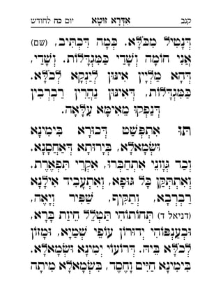 ‫רא‬‫א‬‫טא‬‫ז‬ ְִָָ‫יו‬‫כח‬‫לחודש‬ ‫קנב‬
‫נטי‬ ּ‫ד‬ּ‫מכ‬ ,‫יב‬ ּ‫כת‬ ּ‫ד‬ ‫מה‬ ּ‫כ‬ .‫א‬(‫)שם‬ 
ּ‫גד‬ ּ‫מ‬ ּ‫כ‬ ‫די‬ ׁ‫וש‬ ‫מה‬ֹ‫חו‬ ‫אני‬,‫די‬ ׁ‫וש‬ .‫ת‬ֹ‫ו‬ 
‫מ‬ ‫הא‬ ּ‫ד‬‫ן‬ּ‫ו‬ּ‫נ‬‫אי‬ ‫יין‬‫ינקא‬‫כ‬.‫א‬ 
ּ‫גד‬ ּ‫מ‬ ּ‫כ‬‫רברבין‬ ‫נהרין‬ ‫ן‬ּ‫ו‬ּ‫נ‬‫אי‬ ּ‫ד‬ ,‫ת‬ֹ‫ו‬ 
‫ע‬ ‫א‬ ּ‫מאימ‬ ּ‫ו‬‫נפק‬ ּ‫ד‬.‫אה‬ 
ּ‫ו‬ ּ‫ת‬‫ימינא‬ ּ‫ב‬ ‫רא‬ּ‫ו‬‫כ‬ ּ‫ד‬ ‫ט‬ ׁ‫ש‬ ּ‫אתפ‬
‫מא‬ ׂ‫ש‬ּ‫ו‬.‫אחסנא‬ ּ‫ד‬ ‫תא‬ּ‫ו‬‫יר‬ ּ‫ב‬ ,‫א‬ 
.‫פארת‬ ּ‫ת‬ ‫אקרי‬ ,ּ‫ו‬‫ר‬ ּ‫אתחב‬ ‫ווני‬ּ‫ג‬ ‫וכד‬
ּ‫כ‬ ‫ן‬ ּ‫ק‬ ּ‫ואתת‬‫אי‬ ‫ואתעביד‬ ,‫פא‬ּ‫ו‬ּ‫ג‬‫נא‬ 
,‫ויאה‬ ‫יר‬ ּ‫פ‬ ׁ‫ש‬ ,‫יף‬ ּ‫ותק‬ ,‫רברבא‬
(‫ד‬ ‫)דניאל‬‫ט‬ ּ‫ת‬ ‫הי‬ֹ‫תו‬ֹ‫חו‬ ּ‫ת‬,‫רא‬ ּ‫ב‬ ‫חיות‬  
‫ן‬ֹ‫מזו‬ּ‫ו‬ ,‫מיא‬ ׁ‫ש‬ ‫פי‬ֹ‫עו‬ ‫ן‬ֹ‫רו‬ּ‫ו‬‫יד‬ ‫הי‬ֹ‫ו‬ ּ‫בענפ‬ּ‫ו‬
‫כ‬‫מא‬ ׂ‫ש‬ּ‫ו‬ ‫ימינא‬ ‫י‬ֹ‫עו‬ֹ‫רו‬ ּ‫ד‬ . ּ‫יה‬ ּ‫ב‬ ‫א‬.‫א‬ 
‫מא‬ ׂ‫ש‬ ּ‫ב‬ ,‫וחסד‬ ‫ים‬ּ‫י‬‫ח‬ ‫ימינא‬ ּ‫ב‬‫מיתה‬ ‫א‬ 
 