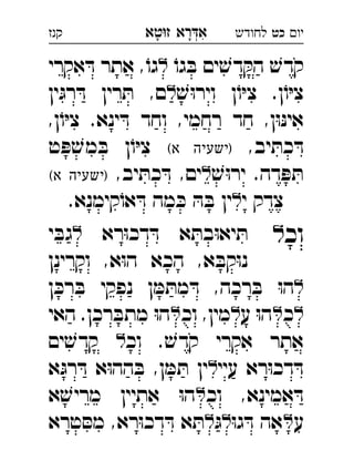‫רא‬‫א‬‫טא‬‫ז‬ ְִָָ ‫יו‬‫כט‬‫לחודש‬‫קנז‬
ֹ‫גו‬ ּ‫ב‬ ‫ים‬ ׁ‫דש‬ ּ‫הק‬ ׁ‫קדש‬‫אקרי‬ ּ‫ד‬ ‫אתר‬ ,ֹ‫גו‬ 
ׁ‫ש‬ּ‫ו‬‫ויר‬ ‫ן‬ֹ‫ו‬ּ‫י‬‫צ‬ .‫ן‬ֹ‫ו‬ּ‫י‬‫צ‬‫ין‬ּ‫רג‬ ּ‫ד‬ ‫רין‬ ּ‫ת‬ ,‫ם‬ 
,‫ן‬ֹ‫ו‬ּ‫י‬‫צ‬ .‫ינא‬ ּ‫ד‬ ‫וחד‬ ,‫רחמי‬ ‫חד‬ ,‫ן‬ּ‫ו‬ּ‫נ‬‫אי‬
,‫יב‬ ּ‫כת‬ ּ‫ד‬(‫א‬ ‫)ישעיה‬‫ט‬ ּ‫פ‬ ׁ‫מש‬ ּ‫ב‬ ‫ן‬ֹ‫ו‬ּ‫י‬‫צ‬ 
ׁ‫ש‬ּ‫ו‬‫יר‬ .‫דה‬ ּ‫פ‬ ּ‫ת‬,‫יב‬ ּ‫כת‬ ּ‫ד‬ ,‫ים‬(‫א‬ ‫)ישעיה‬ 
‫י‬ ‫צדק‬.‫קימנא‬ֹ‫או‬ ּ‫ד‬ ‫מה‬ ּ‫כ‬ ּ‫ה‬ ּ‫ב‬ ‫ין‬ 
‫וכ‬‫ל‬‫רא‬ּ‫ו‬‫דכ‬ ּ‫ד‬ ‫א‬ ּ‫בת‬ּ‫ו‬‫יא‬ ּ‫ת‬‫י‬ ּ‫גב‬ 
‫וקרינן‬ ,‫א‬ּ‫ו‬‫ה‬ ‫הכא‬ ,‫א‬ ּ‫קב‬ּ‫ו‬‫נ‬
‫ן‬ ּ‫רכ‬ ּ‫ב‬ ‫נפקי‬ ‫ן‬ ּ‫מ‬ ּ‫מת‬ ּ‫ד‬ ,‫רכה‬ ּ‫ב‬ ּ‫ו‬‫ה‬ 
‫כ‬‫ע‬ ּ‫ו‬‫ה‬‫וכ‬ ,‫מין‬‫האי‬ .‫רכן‬ ּ‫מתב‬ ּ‫ו‬‫ה‬ 
‫וכ‬ . ׁ‫קדש‬ ‫אקרי‬ ‫אתר‬‫ים‬ ׁ‫קדש‬ 
‫עיי‬ ‫רא‬ּ‫ו‬‫דכ‬ ּ‫ד‬‫א‬ּ‫רג‬ ּ‫ד‬ ‫א‬ּ‫ו‬‫הה‬ ּ‫ב‬ ,‫ן‬ ּ‫מ‬ ּ‫ת‬ ‫ין‬ 
‫וכ‬ ,‫אמינא‬ ּ‫ד‬‫א‬ ׁ‫מריש‬ ‫אתיין‬ ּ‫ו‬‫ה‬ 
‫ע‬ּ‫ו‬‫ג‬ ּ‫ד‬ ‫אה‬ּ‫ג‬‫טרא‬ ּ‫מס‬ ,‫רא‬ּ‫ו‬‫דכ‬ ּ‫ד‬ ‫א‬ ּ‫ת‬ 
 
