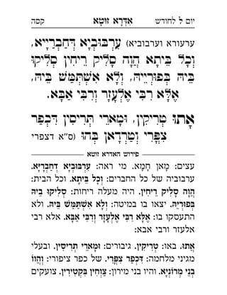 ‫רא‬‫א‬‫טא‬‫ז‬ ְִָָ ‫יו‬‫ל‬‫לחודש‬‫קסה‬
(‫וערבוביא‬ ‫ערעורא‬,‫חברייא‬ ּ‫ד‬ ‫ביא‬ּ‫ו‬ ּ‫ערב‬
‫וכ‬‫ס‬ ‫הוה‬ ‫יתא‬ ּ‫ב‬ ‫ס‬ ‫ריחין‬ ‫יק‬ּ‫ו‬‫יק‬ 
‫ו‬ , ּ‫רייה‬ּ‫ו‬‫פ‬ ּ‫ב‬ ּ‫יה‬ ּ‫ב‬, ּ‫יה‬ ּ‫ב‬ ׁ‫ש‬ ּ‫מ‬ ּ‫ת‬ ׁ‫אש‬ ‫א‬ 
‫א‬‫א‬ ‫י‬ ּ‫רב‬ ‫א‬.‫א‬ ּ‫אב‬ ‫י‬ ּ‫ורב‬ ‫עזר‬ 
ּ‫ו‬‫את‬‫כפר‬ ּ‫ד‬ ‫ריסין‬ ּ‫ת‬ ‫מארי‬ּ‫ו‬ ,‫טריקין‬ 
ּ‫ו‬‫ה‬ ּ‫ב‬ ‫וטרדאן‬ ‫רי‬ ּ‫צפ‬‫דצפרי‬ ‫''א‬‫)ס‬ 
‫זוטא‬ ‫האדרא‬ ‫פירוש‬
:‫ראה‬ ‫מי‬ .‫חמא‬ ‫מא‬ :‫עצי‬.‫דחבריּא‬ ‫ערבּוּביא‬ ָָָ
:‫החברי‬ ‫כל‬ ‫של‬ ‫ערבוביה‬.‫בּיתא‬ ‫וכל‬:‫הבית‬ ‫וכל‬ 
.‫ריחין‬ ‫סליק‬ ‫הוה‬:‫ריחות‬ ‫מעלה‬ ‫היה‬‫ביהּ‬ ‫וּ‬‫סליק‬ 
.‫בּפוּריהּ‬:‫במיטה‬ ‫בו‬ ‫יצאו‬.‫בּיהּ‬ ‫אשׁתּמּשׁ‬ ‫ולא‬‫ולא‬ 
:‫בו‬ ‫התעסקו‬‫ר‬ ‫אלּא‬.‫אבּא‬ ‫ורבּי‬ ‫אלעזר‬ ‫בּי‬‫רבי‬ ‫אלא‬ 
:‫אבא‬ ‫ורבי‬ ‫אלעזר‬
.‫אתוּ‬:‫באו‬.‫טריקין‬:‫גיבורי‬.‫תריסין‬ ‫וּמארי‬‫ובעלי‬ 
:‫מלחמה‬ ‫מגיני‬.‫פּרי‬‫צ‬ ‫דּכפר‬:‫ציפורי‬ ‫כפר‬ ‫של‬‫והווֹ‬ 
.‫מרוֹניא‬ ‫בני‬:‫מירו‬ ‫בני‬ ‫והיו‬.‫בּקטירין‬ ‫צוחין‬‫צועקי‬ 
 