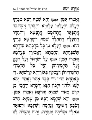 ‫רא‬‫א‬‫טא‬‫ז‬ ְִָָ‫י‬‫ספר‬ ‫ח‬‫נ‬ ‫ראל‬‫י‬ ‫על‬ ‫י‬‫ק‬|173 ְְִִִֵַַַַָָֻ
:‫אמן‬ ּ‫ו‬‫ואמר‬(‫)אמן‬‫מבר‬ ‫א‬ ּ‫רב‬ ּ‫מה‬ ׁ‫ש‬ ‫יהא‬ 
‫ח‬ ּ‫ב‬ ּ‫ת‬ ׁ‫ויש‬ ‫ר‬ ּ‫יתב‬ ‫עלמיא‬ ‫לעלמי‬ּ‫ו‬ ‫לעלם‬
‫ר‬ ּ‫ויתהד‬ ‫א‬‫ויתנ‬ ‫מם‬ֹ‫ויתרו‬ ‫אר‬ ּ‫ויתפ‬
‫רי‬ ּ‫ב‬ ‫א‬ ׁ‫דש‬ּ‫ו‬‫דק‬ ּ‫מה‬ ׁ‫ש‬ ‫ל‬ ּ‫ויתהל‬ ‫ה‬ ּ‫ויתעל‬
.‫א‬ּ‫ו‬‫ה‬(‫)אמן‬‫ירתא‬ ׁ‫ש‬ ‫רכתא‬ ּ‫ב‬ ‫ל‬ ּ‫כ‬ ‫מן‬ ‫לעלא‬ 
‫עלמא‬ ּ‫ב‬ ‫אמירן‬ ּ‫ד‬ ‫ונחמתא‬ ‫חתא‬ ּ‫ב‬ ׁ‫ש‬ ּ‫ת‬
:‫אמן‬ ּ‫ו‬‫ואמר‬(‫)אמן‬‫נן‬ ּ‫רב‬ ‫ועל‬ ‫ראל‬ ׂ‫יש‬ ‫על‬ 
‫למידי‬ ּ‫ת‬ ‫ל‬ ּ‫כ‬ ‫ועל‬ ‫ן‬ֹ‫למידהו‬ ּ‫ת‬ ‫ועל‬
‫די‬ .‫א‬ ּ‫ת‬ ׁ‫ש‬ ּ‫קד‬ ‫ריתא‬ֹ‫או‬ ּ‫ב‬ ‫דעסקין‬ ‫ן‬ֹ‫תלמידיהו‬
‫יהא‬ ,‫ואתר‬ ‫אתר‬ ‫בכל‬ ‫ודי‬ ‫הדין‬ ‫באתרא‬
‫מן‬ ‫ורחמי‬ ‫א‬ ּ‫וחסד‬ ‫א‬ּ‫נ‬‫ח‬ ‫ן‬ֹ‫לכו‬ּ‫ו‬ ‫ן‬ֹ‫להו‬ּ‫ו‬ ‫לנא‬
:‫אמן‬ ּ‫ו‬‫ואמר‬ ‫וארעא‬ ‫א‬ּ‫י‬‫מ‬ ׁ‫ש‬ ‫מארי‬ ‫קדם‬
(‫)אמן‬‫ים‬ּ‫י‬‫ח‬ ,‫א‬ּ‫י‬‫מ‬ ׁ‫ש‬ ‫מן‬ ‫א‬ ּ‫רב‬ ‫למא‬ ׁ‫ש‬ ‫יהא‬ 
‫אה‬ּ‫ו‬‫רפ‬ּ‫ו‬ ‫יזבא‬ ׁ‫וש‬ ‫ונחמה‬ ‫עה‬ּ‫ו‬ ׁ‫ויש‬ ‫בע‬ ׂ‫וש‬
ּ‫ו‬‫לנ‬ ‫לה‬ּ‫צ‬‫וה‬ ‫ורוח‬ ,‫רה‬ ּ‫וכפ‬ ‫סליחה‬ּ‫ו‬ ‫ה‬ ּ‫גאל‬ּ‫ו‬
 