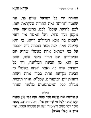 ‫ט‬‫ז‬ ‫רא‬‫א‬‫א‬ ְִָָ 18|‫השעﬧ‬ ‫פﬨח‬
‫בה‬ ‫שוים‬ ‫ישראל‬ ‫כל‬ ‫ידי‬ ‫התורה‬‫וזה‬ ,
,‫זאת‬ ‫שנקראת‬ ‫התורה‬ ‫זאת‬ ‫"והיתה‬ ‫שאמר‬
‫אחת‬ ‫בהשוואה‬ ,‫לכם‬ "‫עולם‬ ‫לחוקת‬ ‫לכם‬
‫ראוי‬ ‫אין‬ ‫תאמר‬ ‫ואל‬ .‫גדול‬ ‫ועד‬ ‫מקטן‬
‫היא‬ ‫כי‬ ,‫דוקא‬ ‫הגדולים‬ ‫אלא‬ ‫בה‬ ‫לעסוק‬
‫"לכפר‬ ‫לזה‬ ‫הוכחה‬ ‫אמר‬ ‫לזה‬ ,‫מאד‬ ‫עליונה‬
‫יום‬ ‫שהוא‬ "‫בשנה‬ ‫אחת‬ ‫ישראל‬ ‫בני‬ ‫על‬
‫שגם‬ ,‫שנה‬ ‫בימי‬ ‫אדיר‬ ‫יום‬ ‫הכיפורים‬
‫כל‬ ‫ויד‬ ,‫העליונה‬ ‫הבינה‬ ‫מן‬ ‫הוא‬ ‫כן‬
‫כי‬ "‫בשנה‬ ‫"אחת‬ ‫ואמר‬ .‫בו‬ ‫שוה‬ ‫ישראל‬
‫ואחת‬ ‫אחת‬ ‫בסוד‬ ‫אחת‬ ‫נקראת‬ ‫הבינה‬
‫תוכחת‬ ‫וזוהי‬ .‫עכל"ק‬ ,‫הכיפורים‬ ‫יום‬ ‫דהזאת‬
‫הזוהר‬ ‫מלמוד‬ ‫המשתמטים‬ ‫לכל‬ ‫מגולה‬
‫הארות‬
‫בה‬‫ה‬ ‫עני‬ ‫בר‬ ‫ה‬‫ה‬ ,‫הר‬‫ה‬ ‫ספר‬ ‫ה‬‫נע‬ ‫זאת‬ ‫בריחה‬ְְְֲִִִִֵֵֵֶֶַַַַַָָָָֹֹ
‫ספר‬ ‫ק‬‫ד‬‫ה‬ :‫הינ‬ ,‫אליו‬ ‫ז‬ ‫מי‬ ‫לכל‬ ‫מד‬‫וע‬ ‫ק‬ְְְְְְְִִִֵֵֵֵֶֶַַַַָָָָ
‫ואי‬ ,‫אחרא‬ ‫טרא‬‫ה‬ ‫מ‬ ‫ויצא‬ "‫ל"אימא‬ ‫יע‬‫מ‬ ‫בר‬ ‫הר‬‫ה‬ְְְְְֳִִִִֵַַַַַָָָָָָָֹ
[‫יח‬‫מ‬ ‫חבלי‬ ‫ל‬ ‫צרי‬ְִִֵֶַָָ
 