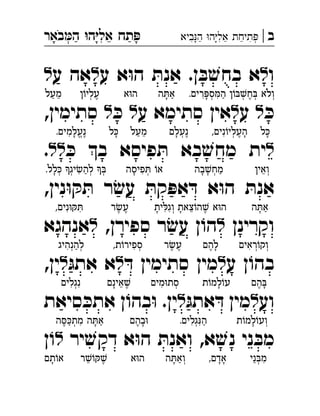 ‫ב‬|‫ביא‬‫ה‬ ‫ה‬‫אל‬ ‫תיחת‬‫באר‬‫ה‬ ‫ה‬‫אל‬ ‫תח‬ ְְִִִִֵֵַַַַָָָָָֹ
‫ו‬‫ל‬‫ע‬ ‫א‬ּ‫ו‬‫ה‬ ּ‫אנת‬ .‫ן‬ ּ‫ב‬ ׁ‫בחש‬ ‫א‬‫ל‬‫ע‬ ‫אה‬‫ל‬ 
ּ‫כ‬‫ל‬‫ע‬‫ל‬‫ע‬ ‫סתימא‬ ‫אין‬‫ל‬ּ‫כ‬‫ל‬,‫סתימין‬ 
‫ל‬ּ‫כ‬ ‫ב‬ ‫פיסא‬ ּ‫ת‬ ‫בא‬ ׁ‫מחש‬ ‫ית‬‫ל‬‫ל‬. 
,‫נין‬ּ‫ו‬ ּ‫ק‬ ּ‫ת‬ ‫ר‬ ׂ‫עש‬ ּ‫קת‬ ּ‫פ‬‫א‬ ּ‫ד‬ ‫א‬ּ‫ו‬‫ה‬ ּ‫אנת‬
‫וקרינן‬‫ל‬,‫ספירן‬ ‫ר‬ ׂ‫עש‬ ‫ן‬ ֹ‫הו‬‫ל‬‫אנהגא‬ 
‫ע‬ ‫ן‬ ֹ‫בהו‬‫ל‬ּ‫ד‬ ‫סתימין‬ ‫מין‬‫ל‬ּ‫אתג‬ ‫א‬‫ל‬,‫ין‬ 
‫וע‬‫ל‬ּ‫אתג‬ ּ‫ד‬ ‫מין‬‫ל‬‫סיאת‬ ּ‫כ‬‫את‬ ‫ן‬ ֹ‫בהו‬ּ‫ו‬ .‫ין‬ 
‫יר‬ ׁ‫דקש‬ ‫א‬ּ‫ו‬‫ה‬ ּ‫ואנת‬ ,‫א‬ ׁ‫נש‬ ‫ני‬ ּ‫מב‬‫ל‬‫ן‬ ֹ‫ו‬ 
.‫רים‬ ּ‫פ‬‫ס‬ ּ‫מ‬‫ה‬ ‫ן‬ֹ‫ו‬ ּ‫ב‬ ׁ‫חש‬ ּ‫ב‬ ‫ְולא‬◌ְֹ◌ֶ◌ְ◌ַ◌ִ◌ְ◌ָ◌ִ◌‫ה‬ ּ‫את‬ַ◌ָ◌‫א‬ּ‫ו‬‫ה‬‫ן‬ֹ‫עליו‬ֶ◌ְ◌‫מעל‬ֵ◌ַ◌
‫ל‬ ּ‫כ‬ָ◌,‫נים‬ֹ‫העליו‬ָ◌ֶ◌ְ◌ִ◌‫ֶנעלם‬◌ְ◌ָ◌‫מעל‬ֵ◌ַ◌‫ל‬ ּ‫ָכ‬◌.‫ֶנעלמים‬◌ֱ◌ָ◌ִ◌
‫ְואין‬◌ֵ◌‫בה‬ ׁ‫ש‬‫מח‬ַ◌ְ◌ָ◌ָ◌‫פיסה‬ ּ‫ת‬ ֹ‫ו‬‫א‬ְ◌ִ◌ָ◌.‫לל‬ ּ‫כ‬ ‫יג‬ ׂ‫ש‬‫לה‬  ּ‫ב‬ְ◌ְ◌ַ◌ִ◌ְ◌ְ◌ָ◌
‫ה‬ ּ‫את‬ַ◌ָ◌‫ית‬ ּ‫וגל‬ ‫צאת‬ֹ‫ו‬‫ה‬ ׁ‫ש‬ ‫א‬ּ‫ו‬‫ה‬ֶ◌ֵ◌ָ◌ְ◌ִ◌ִ◌ָ◌‫ר‬ ׂ‫ש‬‫ע‬ֶ◌ֶ◌,‫נים‬ּ‫ו‬ ּ‫ק‬ ּ‫ת‬ִ◌ִ◌
‫ראים‬ֹ‫ְוקו‬◌ְ◌ִ◌‫להם‬ָ◌ֶ◌‫ר‬ ׂ‫ש‬‫ע‬ֶ◌ֶ◌,‫ת‬ֹ‫ו‬‫ספיר‬ְ◌ִ◌‫להנהיג‬ְ◌ַ◌ְ◌ִ◌
‫הם‬ ּ‫ב‬ָ◌ֶ◌‫ת‬ֹ‫ו‬‫למ‬ֹ‫עו‬ָ◌‫מים‬ּ‫ו‬‫סת‬ְ◌ִ◌‫אינם‬ ׁ‫ש‬ֶ◌ֵ◌ָ◌‫ִנגלים‬◌ְ◌ִ◌
‫ת‬ֹ‫ו‬‫למ‬ֹ‫ְועו‬◌ָ◌.‫גלים‬ּ‫נ‬‫ה‬ַ◌ִ◌ְ◌ִ◌‫בהם‬ּ‫ו‬ָ◌ֶ◌‫ה‬ ּ‫ס‬ ּ‫כ‬‫מת‬ ‫ה‬ ּ‫ת‬‫א‬ַ◌ָ◌ִ◌ְ◌ַ◌ֶ◌
‫ני‬ ּ‫ב‬‫מ‬ִ◌ְ◌ֵ◌,‫אדם‬ָ◌ָ◌‫ה‬ ּ‫ְואת‬◌ַ◌ָ◌‫א‬ּ‫ו‬‫ה‬‫ר‬ ׁ‫ש‬ֹ‫ו‬ ּ‫ק‬ ׁ‫ש‬ֶ◌ֵ◌‫תם‬ֹ‫או‬ָ◌
 