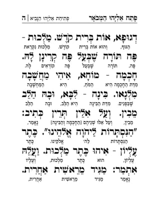 ‫באר‬‫ה‬ ‫ה‬‫אל‬ ‫תח‬‫ביא‬‫ה‬ ‫ה‬‫אל‬ ‫תיחת‬|‫ה‬ ְְִִִִֵֵַַַַָָָָָֹ
‫מ‬ . ׁ‫קדש‬ ‫רית‬ ּ‫ב‬ ‫ת‬ ֹ‫או‬ ,‫פא‬ּ‫ו‬‫דג‬‫ל‬- ‫ת‬ּ‫ו‬‫כ‬ 
‫ע‬ ּ‫ב‬ ׁ‫ש‬ ‫רה‬ ֹ‫ו‬ ּ‫ת‬ ‫ה‬ ּ‫פ‬‫ל‬‫קרינן‬ ‫ה‬ ּ‫פ‬‫ל‬. ּ‫ה‬ 
‫חכמה‬,‫חא‬ ֹ‫מו‬ -‫מ‬ ‫איהי‬‫בה‬ ׁ‫חש‬ 
‫מ‬‫ל‬‫ינה‬ ּ‫ב‬ .‫גאו‬-‫ל‬‫ה‬ ּ‫ה‬‫ב‬ּ‫ו‬ ,‫א‬ ּ‫ב‬‫ל‬‫ב‬ 
‫וע‬ .‫מבין‬‫ל‬‫א‬‫ל‬:‫תיב‬ ּ‫כ‬ ‫רין‬ ּ‫ת‬ ‫ין‬ 
‫ת‬ ֹ‫רו‬ ּ‫סת‬ּ‫נ‬‫"ה‬‫ל‬‫א‬ ‫יהוה‬‫ל‬‫תר‬ ּ‫כ‬ ."ּ‫ו‬‫הינ‬ 
‫ע‬‫ל‬‫מ‬ ‫תר‬ ּ‫כ‬ ּ‫ו‬‫איה‬ - ‫ן‬ ֹ‫יו‬‫ל‬‫וע‬ .‫ת‬ּ‫ו‬‫כ‬‫ל‬ּ‫ה‬ 
.‫אחרית‬ ‫ית‬ ׁ‫מראש‬ ‫יד‬ּ‫מג‬ :‫אתמר‬
,‫ף‬ּ‫ו‬ּ‫ג‬‫ה‬ַ◌‫רית‬ ּ‫ב‬ ‫ת‬ֹ‫או‬ ‫א‬ּ‫ו‬‫ְוה‬◌ְ◌ִ◌. ׁ‫דש‬ֹ‫קו‬ֶ◌‫נקראת‬ ‫ת‬ּ‫ו‬‫מלכ‬ַ◌ְ◌ִ◌ְ◌ֵ◌
,‫ה‬ ּ‫פ‬ֶ◌‫רה‬ֹ‫ו‬ ּ‫ת‬ָ◌‫על‬ ּ‫ב‬ ׁ‫ש‬ֶ◌ְ◌ַ◌‫ה‬ ּ‫פ‬ֶ◌‫ראים‬ֹ‫קו‬ְ◌ִ◌. ּ‫לה‬ָ◌
‫היא‬ ‫החכמה‬ ‫ת‬ ּ‫ד‬‫מ‬ִ◌ַ◌ַ◌ָ◌ְ◌ָ◌ִ◌,‫ח‬ ּ‫מ‬‫ה‬ַ◌ַֹ◌‫היא‬ִ◌‫בה‬ ׁ‫ש‬‫ח‬ ּ‫מ‬‫ה‬ַ◌ַ◌ְ◌ָ◌ָ◌
.‫פנים‬ ּ‫ב‬ ׁ‫ש‬ֶ◌ִ◌ְ◌ִ◌‫ינה‬ ּ‫ב‬‫ה‬ ‫ת‬ ּ‫מד‬ִ◌ַ◌ַ◌ִ◌ָ◌,‫ב‬ ּ‫ל‬‫ה‬ ‫היא‬ִ◌ַ◌ֵ◌ּ‫ה‬‫ב‬ּ‫ו‬ָ◌‫ב‬ ּ‫ל‬‫ה‬ַ◌ֵ◌
,‫מבין‬ֵ◌ִ◌[‫ינה‬ ּ‫ב‬‫וה‬ ‫]החכמה‬ ‫ניהם‬ ׁ‫ש‬ ּ‫ו‬ ּ‫ל‬‫א‬ ‫ְועל‬◌ַ◌ֵ◌ְ◌ֵ◌ֶ◌ַ◌ָ◌ְ◌ָ◌ְ◌ַ◌ִ◌ָ◌,‫ֶנאמר‬◌ֱ◌ַ◌
‫ת‬ֹ‫ו‬‫ר‬ ּ‫ת‬‫ס‬ּ‫נ‬‫ה‬ַ◌ִ◌ְ◌ָ◌'‫לה‬ַ◌.ּ‫ו‬‫אלקינ‬ֱ◌ֵֹ◌‫תר‬ ּ‫ֶכ‬◌ֶ◌
,‫ן‬ֹ‫עליו‬ֶ◌ְ◌‫א‬ּ‫ו‬‫ה‬‫תר‬ ּ‫ֶכ‬◌ֶ◌,‫ת‬ּ‫ו‬‫מלכ‬ַ◌ְ◌‫ְועליו‬◌ָ◌ָ◌
‫ֶנאמר‬◌ֱ◌ַ◌‫יד‬ּ‫ג‬‫מ‬ַ◌ִ◌‫ית‬ ׁ‫מראש‬ֵ◌ֵ◌ִ◌,‫אחרית‬ַ◌ֲ◌ִ◌
 