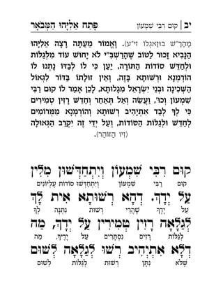 ‫יב‬|‫מע‬ ‫י‬‫ר‬ ‫ק‬‫באר‬‫ה‬ ‫ה‬‫אל‬ ‫תח‬ ְְִִִִֵַַָָָֹ
(‫זי"ע‬ õ‫זאגל‬ä‫ב‬ Ł"‫מהר‬ä‫ה‬ç‫אל‬ ‫רצה‬ ‫ה‬ô‫מע‬ ‫ר‬õ‫ואמ‬ . ְֱִֵֵֶַַַַַָָָָ
‫ת‬õê‫ג‬ê‫מ‬ ‫ד‬õ‫ע‬ Łä‫יח‬ ‫לא‬ ‫"י‬àŁ‫הר‬Ł ‫ב‬õæ‫ל‬ ‫ר‬ä‫זכ‬ ‫ביא‬ì‫ה‬ְְִִִֶַַַַָָָָֹ
õ‫ל‬ ä‫נתנ‬ õâ‫לב‬ õ‫ל‬ ‫י‬é ‫יען‬ ,‫רה‬õô‫ה‬ ‫ת‬õ‫ד‬õ‫ס‬ Łâ‫לח‬äְְְִֵַַַַַָָ
‫ל‬õ‫לגא‬ ‫ר‬õâà õ‫לת‬ä‫ז‬ ‫ואין‬ ,‫זה‬à ‫תא‬äŁ‫ר‬ä ‫רמנא‬õ‫ה‬ְְְְְִֵֶַָָָָ
‫י‬à‫ר‬ ‫ם‬ä‫ק‬ õ‫ל‬ ‫אמר‬ ‫לכן‬ ,‫תא‬ä‫מגל‬ ‫ראל‬ł‫י‬ ‫בני‬ä ‫כינה‬‫ה‬ְְְִִִִֵֵֵַַַָָָָָָ
‫טמירים‬ ‫רזין‬ Ł‫וחד‬ ‫אחר‬ô ‫ואל‬ ‫ה‬ł‫וע‬ ,'ä‫וכ‬ ‫ן‬õ‫מע‬Łְְְְְְֲִִִִֵֵַַַַַָ
‫מים‬õ‫ר‬ë‫מ‬ ‫רמנא‬õ‫וה‬ ‫תא‬äŁ‫ר‬ ‫אתיהיב‬ ‫לבד‬ ý‫ל‬ ‫י‬éְְְְְְְְִִִִִַָָָ
‫לה‬ä‫א‬á‫ה‬ ‫יקרב‬ ‫זה‬ ‫ידי‬ ‫ועל‬ ,‫ת‬õ‫ד‬õí‫ה‬ ‫ת‬õê‫לג‬ä Ł‫לחד‬ְְְְְְִֵֵֶַַַַַַָ
(‫הר‬õ‫הז‬ ‫)זיו‬. ִַַ
‫ם‬ּ‫ו‬‫ק‬‫מ‬ ‫ן‬ּ‫ו‬ ׁ‫ש‬ ּ‫ויתחד‬ ‫ן‬ ֹ‫מעו‬ ׁ‫ש‬ ‫י‬ ּ‫ב‬‫ר‬‫ל‬‫ין‬ 
‫ע‬‫ל‬‫אית‬ ‫תא‬ּ‫ו‬ ׁ‫רש‬ ‫דהא‬ .‫יד‬‫ל‬ 
‫ל‬‫ג‬‫ל‬‫ע‬ ‫טמירין‬ ‫רזין‬ ‫אה‬‫ל‬‫מה‬ ,‫יד‬ 
‫ד‬‫ל‬ּ‫ו‬ ׁ‫רש‬ ‫אתיהיב‬ ‫א‬‫ל‬‫ג‬‫ל‬‫אה‬‫ל‬‫ם‬ּ‫ו‬ ׁ‫ש‬ 
‫ם‬ּ‫ו‬‫ק‬‫י‬ ּ‫ַרב‬◌ִ◌‫ן‬ֹ‫מעו‬ ׁ‫ש‬ִ◌ְ◌‫נים‬ֹ‫עליו‬ ‫ת‬ֹ‫דו‬ֹ‫סו‬ ּ‫ו‬ ׁ‫ש‬ ּ‫ד‬‫ְויתח‬◌ִ◌ְ◌ַ◌ְ◌ֶ◌ְ◌ִ◌
‫על‬ַ◌‫ָיד‬◌ֶ◌‫הרי‬ ׁ‫ש‬ֶ◌ֲ◌ֵ◌‫ת‬ּ‫ו‬ ׁ‫ְרש‬◌‫נה‬ ּ‫ִנת‬◌ְ◌ָ◌‫ל‬ְ◌
‫ת‬ֹ‫ו‬ ּ‫לגל‬ְ◌ַ◌‫ָרזים‬◌ִ◌‫רים‬ ּ‫ִנסת‬◌ְ◌ָ◌ִ◌‫על‬ַ◌,‫ָידי‬◌ֶ◌‫מה‬ַ◌
‫א‬ ּ‫ל‬ֶ◌ֹ‫ן‬ ּ‫ִנת‬◌ָ◌‫ת‬ּ‫ו‬ ׁ‫ְרש‬◌‫ת‬ֹ‫ו‬ ּ‫לגל‬ְ◌ַ◌‫ם‬ּ‫ו‬ ׁ‫לש‬ְ◌
 