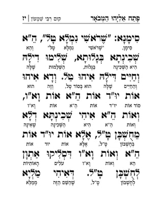 ‫באר‬‫ה‬ ‫ה‬‫אל‬ ‫תח‬‫מע‬ ‫י‬‫ר‬ ‫ק‬|‫יז‬ ְְִִִִֵַַָָָֹ
‫נמ‬ ‫י‬ ׁ‫ראש‬ ׁ‫"ש‬ :‫סימנא‬‫ל‬‫ט‬ ‫א‬‫ל‬‫ה"א‬ ," 
‫ג‬ ּ‫ב‬ ‫כינתא‬ ׁ‫ש‬‫ל‬ׁ‫ש‬ ,‫תא‬ּ‫ו‬‫ל‬‫די‬ ּ‫ו‬‫ימ‬‫ל‬ּ‫ה‬ 
‫י‬ ּ‫ד‬ ‫ים‬ּ‫י‬‫וח‬‫ל‬‫ט‬ ּ‫ו‬‫איה‬ ּ‫ה‬‫ל‬ּ‫ו‬‫איה‬ ‫ודא‬ . 
‫ת‬ ֹ‫או‬‫"ד‬ּ‫ו‬‫י‬,‫וא"ו‬ ‫ת‬ ֹ‫ו‬‫א‬ ‫ה"א‬ ‫ת‬ ֹ‫ו‬‫א‬
‫ד‬ ‫א‬ ּ‫כינת‬ ׁ‫ש‬ ‫איהי‬ ‫ה"א‬ ‫ת‬ ֹ‫ואו‬‫ל‬‫א‬ 
"‫ט‬ ‫ן‬ ּ‫ב‬ ׁ‫ש‬‫מח‬‫ל‬‫א‬ ,‫ל‬‫י‬ ‫ת‬ ֹ‫או‬ ‫א‬ּ‫ו‬‫ת‬ ֹ‫או‬ ‫"ד‬ 
‫ס‬ ּ‫ד‬ ‫וא"ו‬ ‫ת‬ ֹ‫ואו‬ ‫"א‬‫ה‬‫ל‬ּ‫ו‬‫יק‬‫אתון‬ 
‫ל‬"‫ט‬ ‫ן‬ ּ‫ב‬ ׁ‫חש‬‫ל‬‫מ‬ ‫איהי‬ ּ‫ד‬ .‫ל‬‫יא‬ 
,‫סימן‬ִ◌ָ◌‫י‬ ׁ‫ראש‬ ׁ‫"ש‬ֶ◌ִֹ◌‫ִנמלא‬◌ְ◌ָ◌"‫טל‬ָ◌‫ְוהא‬◌ֵ◌
‫כינה‬‫ה‬ ‫היא‬ִ◌ַ◌ְ◌ִ◌ָ◌,‫ת‬ּ‫ו‬‫ל‬ּ‫ג‬ ּ‫ב‬ַ◌ָ◌‫ת‬ּ‫ו‬‫למ‬‫ה‬ַ◌ְ◌ֵ◌ּ‫ה‬ ּ‫ל‬ ׁ‫ש‬ֶ◌ָ◌
‫ים‬ּ‫י‬‫ְוהח‬◌ַ◌ַ◌ִ◌ּ‫ה‬ ּ‫ל‬ ׁ‫ש‬ֶ◌ָ◌,‫טל‬ ‫ד‬ֹ‫סו‬ ּ‫ב‬ ‫א‬ּ‫ו‬‫ה‬ְ◌ָ◌‫ְוזה‬◌ֶ◌‫א‬ּ‫ו‬‫ה‬
‫ת‬ֹ‫ו‬‫א‬ ‫ד‬ֹ‫ו‬‫ס‬‫"ד‬ּ‫ו‬‫י‬‫ת‬ֹ‫ו‬‫א‬‫"א‬‫ה‬ֵ◌‫ת‬ֹ‫ו‬‫א‬‫ָוא"ו‬◌
‫ת‬ֹ‫ו‬‫ְוא‬◌‫"א‬‫ה‬ֵ◌‫היא‬ִ◌‫כינה‬‫ה‬ַ◌ְ◌ִ◌ָ◌ּ‫ה‬‫אינ‬ ׁ‫ש‬ֶ◌ֵ◌ָ◌
‫ן‬ֹ‫ו‬ ּ‫ב‬ ׁ‫חש‬ ּ‫ב‬ְ◌ֶ◌ְ◌,‫ט"ל‬ָ◌‫א‬ ּ‫אל‬ֶ◌ָ◌‫ת‬ֹ‫ו‬‫א‬‫ד‬ּ‫ו‬‫י‬‫ת‬ֹ‫ו‬‫א‬
‫הא‬ֵ◌‫ת‬ֹ‫ו‬‫ְוא‬◌‫ָוא"ו‬◌‫עלים‬ִֹ◌‫ת‬ֹ‫ו‬ּ‫י‬‫ת‬ֹ‫ו‬‫הא‬ָ◌ִ◌
‫ן‬ֹ‫ו‬ ּ‫ב‬ ׁ‫לחש‬ְ◌ֶ◌ְ◌,‫ט"ל‬ָ◌‫ה‬ּ‫ז‬‫ה‬ ‫ם‬‫ה‬ ׁ‫ש‬ֶ◌ַ◌ֵ◌ַ◌ֶ◌‫א‬ ּ‫ל‬‫ממ‬ְ◌ַ◌ֵ◌
 