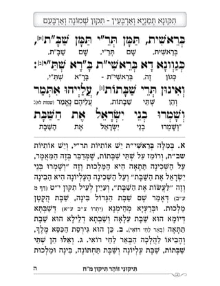 ‫מ"ח‬ ‫יקּון‬ ִ‫ּת‬ ‫ר‬ ַ‫זֹוה‬ ‫י‬ֵ‫יקּונ‬ ִ‫ּת‬‫ה‬
‫עים‬à‫ואר‬ ‫נה‬õ‫מ‬Ł ‫ן‬äñô  ‫עין‬à‫ואר‬ ‫מניא‬ô ‫נא‬äñôְְְְְְְְִִִִַַַָָָָ
‫זיע"א‬ ‫האר"י‬ ä‫נ‬à‫מר‬ ‫נפלאה‬ ‫לה‬ä‫סג‬ְְֲִִִֵֵַָָָָָ
‫"ת‬ ּ‫ב‬ ׁ‫ש‬ ‫ן‬ ּ‫מ‬ ּ‫ת‬ ‫ר"י‬ ּ‫ת‬ ‫ן‬ ּ‫מ‬ ּ‫ת‬ ,‫ית‬ ׁ‫ראש‬ ּ‫ב‬[‫]א‬
, 
‫"י‬ ּ‫ת‬ ׁ‫ש‬ ‫"רא‬ ּ‫ב‬ ‫י"ת‬ ׁ‫ראש‬ ּ‫ב‬ ‫דא‬ ‫גוונא‬ ּ‫כ‬[‫]ב‬
: 
‫ת‬ ֹ‫תו‬ ּ‫ב‬ ׁ‫ש‬ ‫רי‬ ּ‫ת‬ ‫ן‬ּ‫ו‬‫ואינ‬[‫]ג‬
‫מר‬ ּ‫את‬ ּ‫ו‬‫עלייה‬ , 
‫ת‬ ּ‫ב‬‫ה‬ ‫את‬ ‫ראל‬ ׂ‫יש‬ ‫בני‬ ּ‫ו‬‫מר‬ ׁ‫וש‬
.‫א‬‫ה‬ ּ‫ל‬‫מ‬ ּ‫ב‬‫י"ת‬ ׁ‫ראש‬ ּ‫ב‬‫ת‬ ֹ‫ו‬ּ‫י‬‫ת‬ ֹ‫או‬ ׁ‫יש‬‫"י‬‫תר‬‫ת‬ ֹ‫ו‬ּ‫י‬‫ת‬ ֹ‫או‬ ׁ‫ש‬‫וי‬ , 
‫שב"ת‬,‫אמר‬ ּ‫מ‬‫ה‬ ‫זה‬ ּ‫ב‬ ‫ר‬ ּ‫דב‬ ּ‫מ‬ ׁ‫ש‬ ,‫ת‬ ֹ‫תו‬ ּ‫ב‬ ׁ‫ש‬ ‫י‬ ּ‫ת‬ ׁ‫ש‬ ‫על‬ ‫מז‬ ֹ‫ורו‬ ,
‫ני‬ ּ‫ב‬ ּ‫ו‬‫מר‬ ׁ‫"וש‬ ‫וזה‬ ‫ת‬ּ‫ו‬‫לכ‬ ּ‫המ‬ ‫היא‬ ‫תאה‬ ּ‫ת‬ ‫כינה‬‫ה‬ ‫על‬
‫ינה‬ ּ‫הב‬ ‫היא‬ ‫נה‬ ֹ‫ו‬‫העלי‬ ‫כינה‬‫ה‬ ‫ועל‬ "‫ת‬ ּ‫ב‬ ׁ‫ש‬‫ה‬ ‫את‬ ‫ראל‬ ׂ‫יש‬
‫י"ט‬ ‫ן‬ּ‫ו‬ ּ‫ק‬‫ת‬ ‫לעיל‬ ‫ועיין‬ ,"‫ת‬ ּ‫ב‬ ׁ‫הש‬ ‫את‬ ‫ת‬ ֹ‫ו‬ ׂ‫עש‬ ּ‫"ל‬ ‫וזה‬‫מ‬ ‫ף‬ ּ‫)ד‬ 
(‫ע"ב‬‫הקטן‬ ‫ת‬ ּ‫ב‬ ׁ‫ש‬ ,‫ינה‬ ּ‫ב‬ ‫ל‬ ֹ‫דו‬ּ‫הג‬ ‫ת‬ ּ‫ב‬ ׁ‫ש‬ ‫ם‬ ׁ‫ש‬ ‫אמר‬ ּ‫ד‬
‫מהימנא‬ ‫רעיא‬ ּ‫ב‬ּ‫ו‬ .‫ת‬ּ‫ו‬‫מלכ‬(‫ע"א‬ ‫"ב‬‫צ‬ ֹ‫)יתרו‬‫א‬ ּ‫ת‬ ּ‫ב‬ ׁ‫ש‬ ּ‫ד‬ 
‫ת‬ ּ‫ב‬ ׁ‫ש‬ ‫א‬ּ‫ו‬‫ה‬ ‫דלילא‬ ‫תא‬ ּ‫ב‬ ׁ‫וש‬ ‫עלאה‬ ‫ת‬ ּ‫ב‬ ׁ‫ש‬ ‫א‬ּ‫ו‬‫ה‬ ‫מא‬ ֹ‫יו‬ ּ‫ד‬
‫אה‬ ּ‫ת‬ ּ‫ת‬‫לחי‬ ‫אר‬)‫אי‬ ֹ‫ו‬‫ר‬(..‫ב‬,‫מל‬ ‫א‬ ּ‫ס‬ ּ‫הכ‬ ‫ירסת‬ּ‫ג‬ ‫א‬ּ‫ו‬‫ה‬ ‫ן‬ ּ‫כ‬ ְֵַַ
.‫אי‬ ֹ‫רו‬ ‫לחי‬ ‫אר‬ ּ‫הב‬ ‫להלכה‬ ֹ‫והביאו‬.‫ג‬‫י‬ ּ‫ת‬ ׁ‫ש‬ ‫הן‬ ּ‫ו‬ ּ‫ואל‬ 
,‫ת‬ ֹ‫ו‬‫ת‬ ּ‫ב‬ ׁ‫ש‬‫ת‬ּ‫ו‬‫מלכ‬ּ‫ו‬ ‫ינה‬ ּ‫ב‬ ,‫נה‬ ֹ‫ו‬ ּ‫חת‬ ּ‫ת‬ ‫ת‬ ּ‫ב‬ ׁ‫וש‬ ‫נה‬ ֹ‫עליו‬ ‫ת‬ ּ‫ב‬ ׁ‫ש‬ 
,‫ית‬Ł‫רא‬àְִֵ‫ם‬Łָ,‫ר"י‬ôְֵ‫ם‬Łָ,‫"ת‬àŁַָ
‫ן‬õ‫ג‬éְ,‫זה‬ֶ ‫י"ת‬Ł‫רא‬àְִֵ‫"א‬‫ר‬àָָ,‫"י‬ôŁְֵ
‫ְוהן‬ֵ‫י‬ôŁְֵ,‫ת‬õ‫ת‬àŁַָ‫נאמר‬ ‫עליהם‬(‫לא‬ ‫)שמות‬: ֱֲֵֶֶַ
ä‫מר‬Ł‫"ו‬ְְָ‫בני‬ְֵ‫ראל‬ł‫י‬ְִֵָ‫את‬ֶ‫ת‬à‫ה‬ַַָ
 