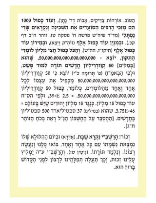 ‫מ"ח‬ ‫יקּון‬ ִ‫ּת‬ ‫ר‬ ַ‫זֹוה‬ ‫י‬ֵ‫יקּונ‬ ִ‫ּת‬ ‫וכ‬
1000 ‫פּול‬ ָ‫ּכ‬ ‫עֹוד‬ ְ‫ו‬ ,)‫ן‬ ָ‫ת‬ָ‫נ‬ '‫ר‬ ְ‫ד‬ ‫בֹות‬ ָ‫א‬ ,‫ים‬ ִ‫יק‬ ִ‫ּד‬ ַ‫צ‬ ‫חֹות‬ ְ‫אֹור‬ ,‫ּטֹוב‬ ַ‫ה‬
‫י‬ ֵ‫ר‬ ָ‫ׂש‬ ‫ים‬ ִ‫א‬ ָ‫ר‬ ְ‫ק‬ִ‫נ‬ ְ‫ו‬ ‫ה‬ָ‫ינ‬ ִ‫כ‬ ְׁ‫ּש‬ ַ‫ה‬ ‫ת‬ ֶ‫א‬ ‫ים‬ ִ‫ד‬ ֲ‫ּסֹוע‬ ַ‫ה‬ ‫ים‬ ִ‫ּב‬ ַ‫ר‬ ָ‫ה‬ ‫י‬ ֵ‫ּכ‬ ַ‫ז‬ ְ‫מ‬ ‫ם‬ ֵ‫ה‬
‫דף‬ ‫ח"ב‬ ‫זוהר‬ ,‫טז‬ ‫פסקה‬ '‫ח‬ ‫פרשה‬ ‫שיה"ש‬ ‫(מד"ר‬ ‫י‬ ִ‫ל‬ ָ‫ּת‬ ְ‫פ‬ַ‫נ‬
‫עֹוד‬ ‫ירֹון‬ ִ‫מ‬ ְ‫ּוב‬ ,)‫א‬ ֵ‫צ‬ֵ‫ּי‬ ַ‫ו‬ ‫"ק‬ ַ‫(זֹוה‬ ‫ף‬ ֶ‫ל‬ ֶ‫א‬ ‫פּול‬ ָ‫ּכ‬ ‫עֹוד‬ ‫ן‬ַ‫י‬ְ‫נ‬ ִ‫מ‬ ְ‫ּוב‬ ,).‫קכ‬
‫י‬ ֵ‫ד‬ ְ‫לֹומ‬ ‫יֹון‬ ְ‫ל‬ ִ‫מ‬ ‫י‬ ִ‫צ‬ ֲ‫ח‬ ‫פּול‬ ָ‫ּכ‬ ‫ֹל‬‫ּכ‬ ַ‫ה‬ ְ‫ו‬ ,)‫הה"ש‬ ,‫(תיקו"ז‬ ‫ף‬ ֶ‫ל‬ ֶ‫א‬ ‫פּול‬ ָ‫ּכ‬
‫הּוא‬ ֶ‫ׁש‬ ,50,000,000,000,000,000,000 - ‫א‬ ֵ‫יֹוצ‬ ,‫ּקּון‬ ִ‫ּת‬ ַ‫ה‬
,‫ט‬ ַ‫ׁש‬ ְ‫ּפ‬ ‫ּמּוד‬ ִ‫ל‬ ‫ה‬ ָ‫ּתֹור‬ ‫ים‬ ִ‫ׁש‬ ָ‫ד‬ ֳ‫ח‬ ‫יֹון‬ ְ‫יל‬ ִ‫ר‬ ְ‫וד‬ ַ‫ו‬ ְ‫ק‬ 50 ]‫ים‬ ִ‫ּל‬ ִ‫מ‬ ְ‫[ּב‬
‫יֹון‬ ְ‫יל‬ ִ‫ר‬ ְ‫וד‬ ַ‫ו‬ ְ‫ק‬ 50 ‫י‬ ִ‫ּכ‬ ‫א‬ ֵ‫יֹוצ‬ )‫כ"י‬ ‫ה‬ ָ‫רּומ‬ ְ‫ּת‬ '‫(פ‬ ַ‫"ח‬ ַ‫אמ‬ ְ‫ּב‬ ַ‫ה‬ ‫י‬ ִ‫פ‬ ְ‫ּול‬
‫ל‬ ָ‫כ‬ ְ‫ל‬ ‫מֹו‬ ְ‫צ‬ ַ‫ע‬ ‫ת‬ ֶ‫א‬ ‫יל‬ ִ‫ּפ‬ ְ‫כ‬ ַ‫מ‬ 50,000,000,000,000,000,000
‫יֹון‬ ְ‫יל‬ ִ‫ר‬ ְ‫וד‬ ַ‫ו‬ ְ‫ק‬ 50 ‫פּול‬ ָ‫ּכ‬ ,‫ר‬ ַ‫לֹומ‬ ְ‫ּכ‬ ,‫ים‬ ִ‫ד‬ ְ‫ּלֹומ‬ ַ‫ה‬ ֵ‫מ‬ ‫ד‬ ָ‫ח‬ ֶ‫א‬ ְ‫ו‬ ‫ד‬ ָ‫ח‬ ֶ‫א‬
‫הס"ח‬ ‫י‬ ִ‫פ‬ ְ‫ּול‬ ,39+E 2.5 = .50,000,000,000,000,000,000
= ‫ם‬ ָ‫עֹול‬ ָ‫ּב‬ ‫ׁש‬ֵ‫ּי‬ ֶ‫ׁש‬ ‫ים‬ ִ‫הּוד‬ְ‫י‬ ‫יֹון‬ ְ‫ל‬ ִ‫מ‬ 15 ‫ד‬ ֶ‫ג‬ֶ‫נ‬ ְ‫ּכ‬ ,‫יֹון‬ ְ‫ל‬ ִ‫מ‬ 15 ‫פּול‬ ָ‫ּכ‬ ‫עֹוד‬
‫ספטיליון‬ 500 ‫ספטיליארד‬ 37 )‫(במילים‬ ‫שהוא‬ ,3.75E+46
‫ר‬ ַ‫זֹוה‬ ַ‫ה‬ ַ‫ֹח‬‫כ‬ ְ‫ּב‬ ‫ה‬ ֵ‫א‬ ְ‫ר‬ ‫"ל‬ַ‫ּנ‬ ַ‫ה‬ ‫ּבֹון‬ ְ‫ׁש‬ ֶ‫ח‬ ַ‫ה‬ ‫ל‬ ַ‫ע‬ ‫ר‬ ֵ‫ּב‬ ְ‫ס‬ ֶ‫ה‬ ַ‫[ה‬ .‫ים‬ ִ‫ׁש‬ ָ‫ד‬ ֳ‫ח‬ ֶ‫ּב‬
.]‫ח"ג‬
‫ּלֹו‬ ֶ‫ׁש‬ ‫א‬ ָ‫ּלּול‬ ִ‫ה‬ ַ‫ה‬ ‫יֹום‬ ְ‫ּוב‬ )‫א‬ ָ‫ר‬ ְ‫ּד‬ ִ‫(א‬ ,‫ת‬ ָ‫ּב‬ ַ‫ׁש‬ ‫א‬ ָ‫ר‬ ְ‫ק‬ִ‫נ‬ ‫"י‬ ִ‫ּב‬ ְ‫ׁש‬ ַ‫ר‬ ָ‫ה‬ !‫כֹור‬ ְ‫ז‬
‫ה‬ ֶ‫ׂש‬ ֲ‫ע‬ַ‫נ‬ ְ‫ו‬ ‫נּו‬ ָ‫ּל‬ ֻ‫ּכ‬ ‫ּבֹואּו‬ ,‫ד‬ ָ‫ח‬ ֶ‫א‬ ְ‫ו‬ ‫ד‬ ָ‫ח‬ ֶ‫א‬ ‫ל‬ ָ‫ּכ‬ ‫ם‬ ִ‫ע‬ ‫תֹו‬ ָ‫מ‬ ְ‫ׁש‬ִ‫נ‬ ‫את‬ ֵ‫צ‬ ְ‫מ‬ִ‫נ‬
‫יץ‬ ִ‫ל‬ ְ‫מ‬ַ‫י‬ ‫ע"ה‬ ‫"י‬ ִ‫ּב‬ ְ‫ׁש‬ ַ‫ר‬ ָ‫ה‬ ְ‫ו‬ .)‫סז‬ ‫ין‬ ִ‫יט‬ ִ‫(ּג‬ ,‫תֹו‬ ָ‫ּתֹור‬ ‫ד‬ ַ‫מ‬ ְ‫ל‬ִ‫נ‬ ְ‫ו‬ ,‫צֹונֹו‬ ְ‫ר‬
‫דֹוׁש‬ ָ‫ּק‬ ַ‫ה‬ ‫י‬ֵ‫נ‬ ְ‫פ‬ ִ‫ל‬ ‫צֹון‬ ָ‫ר‬ ְ‫ל‬ ‫ינּו‬ ֵ‫ת‬ ָ‫ּל‬ ִ‫פ‬ ְ‫ּת‬ ‫ה‬ ֶ‫ל‬ ֲ‫ע‬ ַ‫ּת‬ ‫ְך‬ ָ‫ּכ‬ ְ‫ו‬ ,‫כּות‬ ְ‫ז‬ ‫ינּו‬ ֵ‫ל‬ ָ‫ע‬
.‫הּוא‬ ‫רּוְך‬ ָ‫ּב‬
 