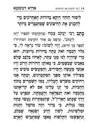 ‫נא‬‫דמ‬ ‫רא‬‫א‬ְְְְִַָָ 14|‫ני‬‫החיצ‬ ‫את‬ ‫להכניע‬ ‫די‬ְְְִִִֵֶַַַ
‫די‬ ּ‫כ‬ ‫נים‬ֹ‫האחרו‬ ‫ת‬ֹ‫רו‬ֹ‫ו‬ ּ‫ד‬ ּ‫ב‬ ‫וקא‬ ּ‫ד‬ ‫הר‬ּ‫ז‬‫ה‬ ‫ד‬ּ‫ו‬ ּ‫לימ‬
‫תר‬ֹ‫יו‬ ּ‫ב‬ ‫רים‬ ּ‫ב‬ּ‫תג‬ ּ‫מ‬ ׁ‫ש‬ ‫נים‬ֹ‫החיצו‬ ‫את‬ ‫להכניע‬
‫תב‬ ּ‫כ‬‫צמח‬ ‫יעקב‬ ‫י‬‫ר‬‫מת‬‫הק‬)‫"ר‬ ‫לספר‬ 
‫המהרח"ו‬ ‫מת‬‫הק‬ ‫אחר‬ ‫ם‬ ‫ס‬‫ונד‬ ,"‫ליעקב‬
‫ים‬‫ח‬ ‫עץ‬ ‫לספר‬(,‫לי‬ ‫נראה‬ ‫ד‬‫ע‬ :‫נ‬‫ל‬ ‫וזה‬ ,‫י‬ ּ‫כ‬ 
‫א‬ּ‫ו‬‫ה‬ ,‫ת‬ ֹ‫עו‬ּ‫ו‬‫ר‬ּ‫ג‬ ‫ת‬ֹ‫רו‬ ֹ‫ו‬ ּ‫ד‬ ּ‫ב‬ ‫ה‬ ּ‫עת‬ ‫זאת‬ ‫חכמה‬ ‫י‬ּ‫ו‬ ּ‫ל‬ּ‫ג‬
‫לם‬ ׁ‫ש‬ ‫לבב‬ ּ‫ב‬ ‫ז‬ֹ‫לאחו‬ ,‫ה‬ ּ‫עת‬ ‫מגן‬ ּ‫ו‬‫לנ‬ ‫היה‬ּ‫י‬ ׁ‫ש‬ ‫די‬ ּ‫כ‬
ּ‫ו‬‫הי‬ ‫ב‬ ֹ‫הרו‬ ‫ת‬ֹ‫רו‬ ֹ‫ו‬ ּ‫הד‬ ‫תן‬ֹ‫או‬ ּ‫ב‬ ‫י‬ ּ‫כ‬ ,‫מים‬ ּ‫ב‬ ׁ‫ש‬ ּ‫ו‬‫אבינ‬ ּ‫ב‬
ּ‫ו‬‫הי‬ ‫בים‬ ֹ‫טו‬ ‫ים‬ ׂ‫עש‬ ּ‫והמ‬ ,‫וחסידים‬ ‫ה‬ ׂ‫מעש‬ ‫י‬ ׁ‫אנש‬
ּ‫ו‬‫אנ‬ ‫ה‬ ּ‫ועת‬ ,‫קטרגים‬ ּ‫המ‬ ‫ני‬ ּ‫מפ‬ ‫תן‬ֹ‫או‬ ‫ילין‬ּ‫מצ‬
ֹ‫תו‬ ּ‫ב‬ ‫מרים‬‫ה‬ ֹ‫מו‬ ּ‫כ‬ ,‫ן‬ ֹ‫העליו‬ ׁ‫רש‬‫מ‬ ‫קים‬ֹ‫רחו‬
ּ‫ו‬‫קריאתנ‬ ‫לא‬ ‫אם‬ ּ‫ו‬‫עלינ‬ ‫יגן‬ ‫מי‬ ,‫ת‬ֹ‫ו‬ּ‫י‬‫החב‬
‫על‬ ‫בפרט‬ּ‫ו‬ ,‫ה‬ ּ‫והעמק‬ ‫פלאה‬ּ‫הנ‬ ‫זאת‬ ‫חכמה‬ ּ‫ב‬
‫ה‬ ּ‫עת‬ ּ‫ו‬ ׂ‫נעש‬ ‫ת‬ ֹ‫רו‬ ּ‫סת‬ּ‫הנ‬ ׁ‫ש‬ ,‫האריז"ל‬ ‫תב‬ ּ‫כ‬ ׁ‫ש‬ ‫ר‬ ּ‫ד‬
‫ת‬ּ‫ו‬‫נ‬ּ‫ז‬‫ה‬ ‫ל‬ ׁ‫ש‬ֹ‫מו‬ ‫ה‬ּ‫ז‬‫ה‬ ‫ר‬ ֹ‫ו‬ ּ‫ד‬ ּ‫ב‬ ‫י‬ ּ‫כ‬ ,‫ת‬ ֹ‫נגלו‬ ֹ‫מו‬ ּ‫כ‬
,‫ב‬ ּ‫ל‬ ּ‫ב‬ ׁ‫ש‬ ‫נאה‬ ׂ‫וש‬ ‫הרע‬ ‫ן‬ ֹ‫ו‬ ׁ‫לש‬ ,‫ת‬ּ‫ו‬‫ינ‬ ׁ‫מלש‬ּ‫ו‬
‫האדם‬ ׁ‫ש‬ּ‫י‬ ּ‫תב‬ ּ‫מ‬ ׁ‫ש‬ ‫אפן‬ ּ‫ב‬ ‫ת‬ ֹ‫ו‬ ּ‫לפ‬ ּ‫הק‬ ּ‫ו‬‫ט‬ ּ‫ונתפ‬
 