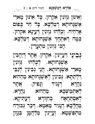 ‫נא‬‫דמ‬ ‫רא‬‫א‬ְְְְִַָָ‫לי‬ ‫ד‬‫ל‬‫א‬|‫ג‬ ִ
ּ‫כ‬ ,‫ן‬ּ‫ו‬‫אקר‬ ‫וונין‬ּ‫ג‬ ‫ן‬ּ‫ו‬ּ‫נ‬‫ואי‬‫מארי‬ ‫ן‬ּ‫ו‬ּ‫נ‬‫אי‬ 
‫דמ‬ ‫תא‬ּ‫ו‬‫ח‬ּ‫ג‬ ׁ‫אש‬ּ‫כ‬ ,‫א‬ ּ‫כ‬‫ם‬ּ‫ו‬‫פ‬ ּ‫כ‬ ‫חד‬ 
‫וכ‬ , ּ‫ארחיה‬.‫ן‬ּ‫ו‬‫אקר‬ ‫עינא‬ ּ‫ד‬ ‫וונין‬ּ‫ג‬ ּ‫ו‬‫ה‬ 
‫דמ‬ ‫תא‬ּ‫ו‬‫ח‬ּ‫ג‬ ׁ‫אש‬ ‫דאתחזי‬ ‫מה‬ ּ‫כ‬,‫א‬ ּ‫כ‬ 
.‫מתערין‬ ‫גוונין‬ ‫הכי‬
‫ביני‬ּ‫ג‬‫א‬ ,‫ן‬ּ‫ו‬‫אקר‬ ,‫עיינין‬ ּ‫ד‬‫יהבין‬ ּ‫ד‬ ‫תר‬ 
,‫תא‬ּ‫ו‬‫ח‬ּ‫ג‬ ׁ‫אש‬‫כ‬‫וונין‬ּ‫ג‬ ּ‫ו‬‫ה‬ 
‫גבינין‬ ‫הני‬ .‫תא‬ּ‫ו‬‫ח‬ּ‫ג‬ ׁ‫אש‬ ‫מארי‬‫י‬ ּ‫גב‬ 
ּ‫ד‬‫בינין‬ּ‫ג‬ ,‫א‬ ּ‫תת‬‫א‬ּ‫ו‬‫מהה‬ ‫תא‬ּ‫ו‬‫ח‬ּ‫ג‬ ׁ‫אש‬ 
‫אתר‬ ,‫ונפיק‬ ‫דנגיד‬ ‫נהרא‬
,‫נהרא‬ ‫א‬ּ‫ו‬‫מהה‬ ‫כא‬‫אתמ‬ 
,‫יקא‬ ּ‫עת‬ ּ‫ד‬ ‫ורא‬ּ‫ו‬‫בח‬ ‫חאה‬ ּ‫אסת‬ 
‫מח‬‫רה‬ּ‫ו‬‫ב‬ּ‫ג‬ ‫כד‬ ּ‫ד‬ .‫מאמא‬ ‫דנגיד‬ ‫בא‬ 
‫מ‬ ‫ועיינין‬ ,‫טא‬ ּ‫מתפ‬‫גוון‬ ּ‫ב‬ ‫הטן‬ 
 