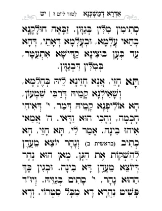 ‫נא‬‫דמ‬ ‫רא‬‫א‬ְְְְִַָָ‫לי‬ ‫ד‬‫ל‬‫ז‬|‫יט‬ ִ
‫מ‬ ‫סתימין‬ּ‫ו‬‫ח‬ ‫אה‬ ּ‫זכ‬ .‫ון‬ּ‫ו‬‫ג‬ ּ‫ב‬ ‫ין‬‫קנא‬ 
‫ע‬ ‫בהאי‬‫בע‬ּ‫ו‬ ,‫מא‬‫הא‬ ּ‫ד‬ ,‫דאתי‬ ‫מא‬ 
,‫ר‬ ּ‫אתעט‬ ‫א‬ ׁ‫יש‬ ּ‫קד‬ ‫צינא‬ּ‫ו‬ ּ‫ב‬ ‫ען‬ ּ‫כ‬ ‫עד‬
‫מ‬ ּ‫ב‬.‫ון‬ּ‫ו‬‫בג‬ ּ‫ד‬ ‫ין‬‫ז‬ 
‫א‬ ּ‫ת‬‫חזינא‬ ‫אנא‬ ,‫חזי‬‫ח‬ ּ‫ב‬ ּ‫יה‬,‫מא‬ 
‫אי‬ ׁ‫וש‬,‫ן‬ֹ‫מעו‬ ׁ‫ש‬ ‫י‬ ּ‫רב‬ ּ‫ד‬ ּ‫קמיה‬ ‫נא‬ 
ֹ‫או‬ ‫הא‬‫איהי‬ ּ‫ד‬ '‫י‬ ,‫מר‬ ּ‫ד‬ ּ‫קמיה‬ ‫יפנא‬ 
‫אמאי‬ '‫ה‬ .‫אי‬ ּ‫וד‬ ‫א‬ּ‫ו‬‫ה‬ ‫והכי‬ ,‫חכמה‬
‫אמר‬ .‫בינה‬ ּ‫ו‬‫איה‬‫הא‬ ,‫חזי‬ ‫א‬ ּ‫ת‬ ,‫י‬ 
‫כתיב‬ ‫מעדן‬ ‫צא‬ֹ‫יו‬ ‫ונהר‬ 
‫נהר‬ ‫א‬ּ‫ו‬‫ה‬ ‫מאן‬ .‫ן‬ּ‫הג‬ ‫את‬ ‫ת‬ֹ‫קו‬ ׁ‫הש‬ 
 ּ‫כ‬ ‫בגין‬ּ‫ו‬ .‫בינה‬ ‫א‬ ּ‫ד‬ ‫מעדן‬ ‫צא‬ֹ‫יו‬ ּ‫ד‬
‫"ד‬ּ‫ו‬‫וי‬ . ּ‫יה‬ּ‫ו‬‫ג‬ ּ‫ב‬ ‫סתים‬ '‫י‬ ,‫נהר‬ ‫א‬ּ‫ו‬‫הה‬
ּ‫מכ‬ ‫דא‬ ‫נהרא‬ ‫יט‬ ׁ‫ש‬ ּ‫פ‬‫ודא‬ .‫י‬ֹ‫סטרו‬ 
 