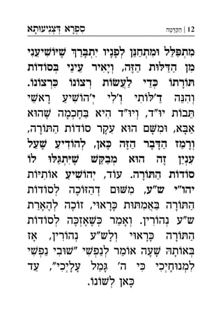 ‫תא‬‫צניע‬ ‫ספרא‬ְְְִִָָ 12|‫מה‬‫הק‬ְַָָ
‫יעני‬ ‫ר‬‫ית‬ ‫לפניו‬ ‫ן‬‫מתח‬ ‫ל‬‫מת‬ְְְְִִִִִֵֵֵֶַַַָָָ
‫ת‬‫ד‬‫ס‬ ‫עיני‬ ‫ויאיר‬ ,‫ה‬‫ה‬ ‫ת‬‫ה‬ ‫מן‬ְְִִֵֶַַַַָ
.‫נ‬‫רצ‬ ‫נ‬‫רצ‬ ‫ת‬‫לע‬ ‫די‬ ‫רת‬ְְְֲִֵַָ
‫ה‬‫וה‬'‫ד‬‫תי‬'‫ו‬‫לי‬'‫י‬‫י‬‫רא‬ ‫יע‬‫ה‬ ְְְִִִִֵֵַַָ
‫א‬‫ה‬ ‫חכמה‬ ‫היא‬ ‫"ד‬‫וי‬ ,‫"ד‬‫י‬ ‫ת‬‫ב‬ְְִֵֶַָָ
,‫רה‬‫ה‬ ‫ת‬‫ד‬‫ס‬ ‫עקר‬ ‫א‬‫ה‬ ‫ם‬‫מ‬ ,‫א‬‫א‬ִִַַָָָָ
‫על‬ ‫דיע‬‫לה‬ ,‫אן‬ ‫ה‬‫ה‬ ‫בר‬‫ה‬ ‫ורמז‬ְְִֶֶַַַַַָָָָ
‫ל‬ ‫ת‬ ‫מב‬ ‫א‬‫ה‬ ‫זה‬ ‫ענין‬ְְְִִֵֶֶַַַ
‫רה‬‫ה‬ ‫ת‬‫ד‬‫ס‬,‫ד‬‫ע‬ .‫יע‬‫יה‬‫ת‬‫ת‬‫א‬ ְִִַַָ
‫"ע‬‫ש‬ ‫יהו"י‬‫ת‬‫ד‬‫לס‬ ‫כה‬‫דה‬ ‫ם‬‫מ‬ ,ְְִֶַ
‫להארת‬ ‫כה‬‫ז‬ ,‫י‬‫רא‬ ‫ת‬‫אמ‬ ‫רה‬‫ה‬ְֲִֶֶַַַָָָָ
‫ת‬‫ד‬‫לס‬ ‫ה‬‫אז‬ ‫ואמר‬ .‫רין‬‫נה‬ ‫ש"ע‬ְְְְְִֶֶֶַָ
‫אז‬ ,‫רין‬‫נה‬ ‫ולש"ע‬ ‫י‬‫רא‬ ‫רה‬‫ה‬ְְִַָָָָָ
‫י‬‫נפ‬ ‫בי‬" ‫י‬‫לנפ‬ ‫מר‬‫א‬ ‫עה‬ ‫ת‬‫א‬ְְְְִִִַַַָָָ
‫עד‬ ,"‫עליכי‬ ‫מל‬ '‫ה‬ ‫י‬ ‫חיכי‬‫למנ‬ְְְִִִִַַָָָָ
.‫נ‬‫ל‬ ‫אן‬ְָ
 