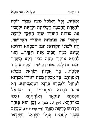‫תא‬‫צניע‬ ‫ספרא‬ְְְִִָָ 14|‫מה‬‫הק‬ְַָָ
,‫ית‬‫נפ‬‫כה‬‫ז‬ ‫מצוה‬ ‫ת‬‫מ‬ ‫כל‬‫הא‬ ‫וכל‬ ְְְִִֵֶַַַָָָ
‫להבין‬ ‫ולדעת‬ ‫נה‬‫העלי‬ ‫החכמה‬ ‫להארת‬ְְְְְִֶֶַַַַָָָָָָָ
‫לדעת‬ ‫ר‬‫הע‬ ‫ה‬ ‫רה‬‫ה‬ ‫ת‬‫ד‬‫ס‬ ‫את‬ִֶֶֶַַַָָָָ
‫ה‬‫ד‬‫ה‬ ‫רה‬‫ה‬ ‫ת‬‫נימ‬ ‫את‬ ‫להבין‬. ְְְִִִֶַַָָָ
‫עא‬‫דר‬ ‫סחא‬‫ד‬ ‫א‬‫ח‬ :‫ד‬‫ה‬ ‫נ‬‫ל‬ ‫וזה‬ְְְְְִֶַַָָָָ
‫האי‬ ...‫יר‬‫וי‬ ‫אנ‬ ‫חביב‬ ‫ה‬ ‫ימינא‬ְְְְִִִַַַַָָָ
‫דד‬‫מ‬ ‫קא‬ ‫גין‬ ‫ה‬‫מ‬ ‫רי‬‫אי‬ ‫לחמא‬ְְְְְִִֵֵַַַָָָ
‫ה‬ ‫עבידא‬ ‫ין‬‫י‬ ‫סטרין‬ ‫לכל‬ ‫מברחת‬ְְְְֲִִִִִַַַַָָ
‫מכלא‬ ‫ראל‬‫י‬ ‫אכלין‬  ...‫קטטה‬ְְְֳִִֵֵָָָָָָ
,‫דאסוותא‬‫אסותא‬ ‫איהי‬ ‫ה‬‫מ‬ ‫אכלין‬  ְְְְֳִִִַַַָָָָָָָ
‫מה‬ ‫רזא‬ ‫ולמנדע‬ ‫למיעל‬‫תא‬‫מנ‬‫א‬ , ְְְְְְְִִֵֵַַָָָָ
‫ראל‬‫י‬  ‫ימ‬‫דאח‬ ‫נהמא‬ ‫איה‬ְְְֲִִִֵַַָָָ
‫ועל‬ ‫רייתא‬‫א‬ ‫אה‬‫עי‬ ‫חכמתא‬ְְְְֲִַָָָָָָ
.‫ארחהא‬(‫אר‬ ‫ם‬ ‫ן‬‫)ע‬‫הר‬ ‫א‬‫ה‬ ‫וכן‬ . ְְְְֵֵֶַַַָָָֹֹֹ
‫ה‬‫צ‬ ‫ת‬‫ר‬ ‫ד‬‫ה‬(‫ע"ב‬ ‫קפג‬ ‫ף‬)‫תב‬ , ְֶֶַַַַַָָָָ
‫צא‬ ‫ראל‬‫י‬ ‫אכל‬ ‫לחמים‬ ‫ני‬ְְְְְְִִֵֵֶֶָָָָ
 