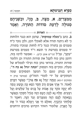 ‫תא‬‫צניע‬ ‫ספרא‬ְְְִִָָ‫מה‬‫הק‬|15 ְַָָ
,‫צרים‬‫מ‬‫א‬,‫ה‬‫מ‬ ,‫ב‬‫מן‬ ,‫ניהם‬‫ב‬ , ְְִִִִֵֶַַָָ
‫ואמר‬ ,‫רה‬‫ה‬ ‫ת‬‫ד‬‫ס‬ ‫לדעת‬ ‫לה‬‫סג‬ְְַַַַָָָָ
‫הארות‬
.‫ב‬"‫ב‬ ‫כתב‬‫עמוקות‬ ‫מגלה‬‫הלוחות‬ ‫כנגד‬ ‫הוא‬ ‫שהמ‬ ,"
‫כ"ח‬ ‫נזכר‬ ‫ולכ‬ ,‫המ‬ ‫לאוכלי‬ ‫אלא‬ ‫תורה‬ ‫ניתנה‬ ‫לא‬ ‫כי‬
,‫בתורה‬ ‫שנזכרו‬ ‫לוחות‬ ‫כ"ח‬ ‫כנגד‬ ‫בתורה‬ ‫מ‬ ‫פעמי‬
‫בפרשת‬ ‫פעמי‬ ‫וי"ד‬ ‫תשא‬ ‫כי‬ ‫בפרשת‬ ‫פעמי‬ ‫יד‬
‫עכ"ל‬ ,"‫"עקב‬(‫ק"ע‬ ‫אופ‬ ‫)עיי"ש‬,‫בזה‬ ‫לרמז‬ ‫ואפשר‬ – .
‫הלומד‬ ‫וכ‬ ‫התורה‬ ‫סודות‬ ‫את‬ ‫לקבל‬ ‫כוח‬ ‫נות‬ ‫דהמ‬
‫של‬ ‫לפמליא‬ ‫ועילוי‬ ‫כוח‬ ‫נות‬ ‫בוודאי‬ ,‫התורה‬ ‫סודות‬
" ‫הפסוק‬ ‫בזה‬ ‫ומקיי‬ ,‫מעלה‬‫ה‬ ‫כח‬ ‫נא‬ ‫יגדל‬ ‫ועתה‬,"'
‫שמה‬ ‫הפסוקי‬ ‫המש‬ ‫כל‬ ‫טע‬ ‫בנות‬ ‫ויש‬
:‫הזוה"ק‬ ‫לומדי‬ ‫ידי‬ ‫על‬ ‫המתקיי‬‫יד‬ ‫פרק‬ ‫)במדבר‬
(‫כא‬‫יז‬ ‫פסוקי‬‫נא‬ ‫ל‬‫יג‬ ‫ה‬‫וע‬‫ח‬‫ר‬ ‫ר‬‫א‬ ‫אדנ"י‬ ְְְֲֲִִֶַַַַַָָָָֹֹ
‫ה‬‫ונ‬ ‫ע‬‫ופ‬ ‫ע‬ ‫א‬‫נ‬ ‫חסד‬ ‫ורב‬ ‫י‬‫א‬ ‫אר‬ '‫ה‬ .‫לאמר‬ְְִֵֵֵֶֶֶֶַַַַַָָָֹֹ
‫ועל‬ ‫י‬ ‫על‬ ‫ני‬ ‫על‬ ‫ת‬‫אב‬ ‫ע‬ ‫קד‬ ‫ה‬‫ינ‬ ‫לא‬ְְֲִִִֵֵֶַַַַָָֹֹ
‫ר‬‫וכא‬ ‫חס‬ ‫גדל‬ ‫ה‬‫ה‬ ‫הע‬ ‫לע‬ ‫נא‬ ‫סלח‬ .‫עי‬‫ִר‬ְְְְֲֲִֵֶֶֶֶַַַַַָָָֹ
'‫ה‬ ‫אמר‬‫ו‬ .‫ה‬‫ה‬ ‫ועד‬ ‫צרי‬‫מ‬ ‫ה‬‫ה‬ ‫לע‬ ‫אתה‬‫נ‬ְְִִִֵֶֶַַַַָָָָָָֹ
‫את‬ '‫ה‬ ‫ד‬‫כב‬ ‫לא‬‫וי‬ ‫אני‬ ‫חי‬ ‫ל‬‫וא‬ .‫דבר‬ ‫י‬‫סלח‬ְְְְְִִִִֵֶֶַַָָָָָ
‫הרחמי‬ ‫מרבי‬ ‫הקדוש‬ ‫הזוהר‬ ‫שלומדי‬ .‫האר‬ ‫ל‬ֶָָָ
 