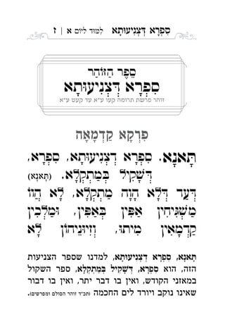 ‫תא‬‫צניע‬ ‫ספרא‬ְְְִִָָ‫לי‬ ‫ד‬‫ל‬‫א‬|‫ז‬ ִ
‫הר‬ֹ‫ו‬ּ‫ז‬‫ה‬ ‫ספר‬
‫תא‬ּ‫ו‬‫צניע‬ ּ‫ד‬ ‫ספרא‬
‫ע"א‬ ‫קעט‬ ‫עד‬ ‫ע"א‬ ‫קעו‬ ‫תרומה‬ ‫פרשת‬ ‫זוהר‬
‫קדמאה‬ ‫פרקא‬ְְִַָָָ
‫אנא‬ ּ‫ת‬,‫ספרא‬ ,‫תא‬ּ‫ו‬‫דצניע‬ ‫ספרא‬ . 
‫קי‬ ׁ‫ש‬ ּ‫ד‬‫מתק‬ ּ‫ב‬.‫א‬‫א‬ 
ּ‫ד‬ ‫עד‬ ּ‫ד‬‫מתק‬ ‫הוה‬ ‫א‬,‫א‬ֹ‫הוו‬ ‫א‬ 
‫מ‬ּ‫ו‬ ,‫ין‬ ּ‫אפ‬ ּ‫ב‬ ‫ין‬ ּ‫אפ‬ ‫יחין‬ּ‫ג‬ ׁ‫מש‬‫כין‬ 
‫ן‬ֹ‫ניהו‬ּ‫ו‬‫וזי‬ ,ּ‫ו‬‫מית‬ ‫קדמאין‬‫א‬ 
‫תא‬‫דצניע‬ ‫ספרא‬ ,‫אנא‬‫הצניעות‬ ‫שספר‬ ‫למדנו‬ , ְְְִִָָָָ
‫הוא‬ ,‫הזה‬‫מתקלא‬ ‫קיל‬ ,‫ספרא‬‫השקול‬ ‫ספר‬ , ְְְְְִִַָָָ
‫דבור‬ ‫בו‬ ‫ואין‬ ,‫יתר‬ ‫דבר‬ ‫בו‬ ‫ואין‬ ,‫הקודש‬ ‫במאזני‬
‫החכמה‬ ‫לים‬ ‫ויורד‬ ‫נוקב‬ ‫שאינו‬(‫ומפרשים‬ ‫הסולם‬ ‫זוהר‬ ‫)תכ"ד‬.
 
