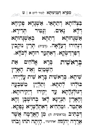 ‫תא‬‫צניע‬ ‫ספרא‬ְְְִִָָ‫לי‬ ‫ד‬‫ל‬‫א‬|‫ט‬ ִ
‫צ‬ ּ‫ב‬‫פקיחא‬ ‫חא‬ּ‫ג‬ ׁ‫אש‬ .‫אי‬ ּ‫דתת‬ ‫תא‬ֹ‫ו‬ 
‫ד‬.‫דירא‬ ּ‫ת‬ ‫ונטיר‬ ,‫נאים‬ ‫א‬ 
‫תא‬ּ‫ו‬‫ח‬ּ‫ג‬ ׁ‫באש‬ ‫א‬ ּ‫דתת‬ ‫תא‬ּ‫ו‬‫ח‬ּ‫ג‬ ׁ‫אש‬
‫דע‬ ּ‫ו‬‫דנהיר‬.‫אה‬‫קבין‬ּ‫ו‬‫נ‬ ‫רין‬ ּ‫ת‬ 
‫חא‬ּ‫ו‬‫ר‬ ‫ער‬ ּ‫את‬ ּ‫ד‬ ,‫קא‬ׂ‫ש‬ ּ‫פרד‬ ּ‫ד‬‫כ‬.‫א‬ 
‫ית‬ ׁ‫ראש‬ ּ‫ב‬‫א‬ ‫רא‬ ּ‫ב‬‫את‬ ‫הים‬ 
‫הארץ‬ ‫ואת‬ ‫מים‬‫ה‬
‫ע‬ ‫ית‬ ׁ‫ש‬ ‫רא‬ ּ‫ב‬ ‫ית‬ ׁ‫ראש‬ ּ‫ב‬ ,‫יתא‬ ׁ‫ש‬,ּ‫ו‬‫ייה‬ 
ּ‫ו‬ ּ‫כ‬ּ‫ו‬‫ה‬‫ות‬ ,‫א‬ ּ‫תת‬‫בעה‬‫מ‬ ‫יין‬ 
ּ‫ו‬ּ‫דג‬‫ג‬,‫תא‬ּ‫ו‬‫דיקיר‬ ּ‫ו‬‫יקיר‬ ‫עד‬ ‫תא‬ 
‫ניינא‬ ּ‫ת‬ ‫והארץ‬‫והא‬ ‫ן‬ ּ‫ב‬ ׁ‫ש‬ּ‫ו‬‫בח‬ ‫או‬ 
‫מהה‬ּ‫ו‬ .‫אתמר‬‫דאת‬ ‫יא‬,‫נפקא‬ ‫ייא‬ ּ‫ט‬ 
‫יב‬ ּ‫כת‬ ּ‫ד‬ ‫ר‬ ׁ‫אש‬ ‫האדמה‬ ‫מן‬ 
‫אררה‬ֹ‫יהו‬ ּ‫ו‬‫ובה‬ ּ‫ו‬‫תה‬ ‫היתה‬ . 
 