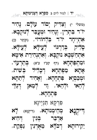 ‫יד‬|‫לי‬ ‫ד‬‫ל‬‫ב‬ ִ‫תא‬‫צניע‬ ‫ספרא‬ְְְִִָָ
 ֹ‫עו‬ ‫ד‬ֹ‫יסו‬ ‫יק‬ ּ‫וצד‬‫נהיר‬ ,‫ם‬ 
‫ר‬ ּ‫מעב‬ּ‫ו‬ ‫ונהיר‬ ,‫תרין‬ ּ‫ב‬ ‫"ד‬ֹ‫יו‬.‫קבא‬ּ‫ו‬‫נ‬ 
ּ‫ב‬ ‫"ד‬ֹ‫יו‬ ‫אתייחד‬,‫י‬ֹ‫דו‬ֹ‫חו‬  
‫ס‬‫י‬ֹ‫ו‬ּ‫דרג‬ ּ‫ב‬ ‫יק‬‫עי‬‫א‬‫עי‬.‫א‬ 
‫אימא‬ ‫ואתנהירת‬ ,‫א‬ ּ‫קב‬ּ‫ו‬‫נ‬ ‫כא‬ ׁ‫אתחש‬
‫חא‬ ּ‫ת‬ ּ‫מתפ‬ּ‫ו‬  .‫י‬ֹ‫תרעו‬ ּ‫ב‬ 
‫דכ‬ ‫חא‬ ּ‫מפת‬ ‫אתא‬‫י‬,‫ית‬ ׁ‫ש‬ ּ‫ב‬ 
‫ואחיד‬ ,‫תחהא‬ ּ‫פ‬ ‫מכסיא‬ּ‫ו‬‫א‬ ּ‫תת‬ 
ּ‫ו‬ ‫האי‬‫ווי‬ ,‫האי‬‫ג‬ ּ‫ד‬ ‫מאן‬‫י‬ 
.‫תחהא‬ ּ‫פ‬‫ב‬ 
‫תניינא‬ ‫פרקא‬ְְִִָָָ
‫יקנא‬ ּ‫ד‬.‫תא‬ּ‫ו‬‫מהימנ‬‫א‬ 
‫היא‬ ּ‫ד‬ ‫גין‬ ּ‫ב‬ ‫ר‬ ּ‫אדכ‬
‫דכ‬ ‫תא‬ּ‫ו‬‫יקיר‬,‫נפקת‬ ‫מאדנין‬ ‫א‬ 
 