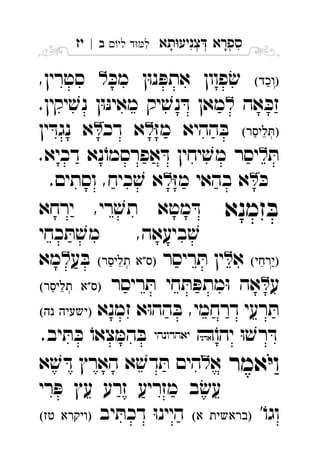 ‫תא‬‫צניע‬ ‫ספרא‬ְְְִִָָ‫לי‬ ‫ד‬‫ל‬‫ב‬|‫יז‬ ִ
ּ‫מכ‬ ‫ן‬ּ‫ו‬‫נ‬ ּ‫אתפ‬ ‫פוון‬ ׂ‫ש‬,‫סטרין‬ 
‫אה‬ ּ‫זכ‬.‫יקין‬ ׁ‫נש‬ ‫ן‬ּ‫ו‬ּ‫נ‬‫מאי‬ ‫יק‬ ׁ‫נש‬ ּ‫ד‬ ‫מאן‬ 
ּ‫ז‬‫מ‬ ‫ההיא‬ ּ‫ב‬‫דכ‬ ‫א‬‫ין‬ ּ‫נגד‬ ‫א‬ 
ּ‫ת‬.‫דכיא‬ ‫נא‬ֹ‫אפרסמו‬ ּ‫ד‬ ‫יחין‬ ׁ‫מש‬ ‫יסר‬ 
ּ‫כ‬ּ‫ז‬‫מ‬ ‫בהאי‬ ‫א‬.‫וסתים‬ ,‫כיח‬ ׁ‫ש‬ ‫א‬ 
‫זמנא‬ ּ‫ב‬‫ירחא‬ ,‫רי‬ ׁ‫תש‬ ‫מטא‬ ּ‫ד‬ 
‫כחי‬ ּ‫ת‬ ׁ‫מש‬ ,‫ביעאה‬ ׁ‫ש‬
‫א‬‫ריסר‬ ּ‫ת‬ ‫ין‬ ‫ע‬ ּ‫ב‬‫מא‬ 
‫ע‬‫ריסר‬ ּ‫ת‬ ‫חי‬ ּ‫ת‬ ּ‫מתפ‬ּ‫ו‬ ‫אה‬  
‫זמנא‬ ‫א‬ּ‫ו‬‫הה‬ ּ‫ב‬ ,‫דרחמי‬ ‫רעי‬ ּ‫ת‬  
ּ‫ו‬ ׁ‫רש‬ ּ‫ד‬ֹ‫יהו‬ .‫יב‬ ּ‫ת‬ ּ‫כ‬ ֹ‫צאו‬ ּ‫המ‬ ּ‫ב‬ 
‫אמר‬ּ‫י‬‫ו‬‫א‬‫א‬ ׁ‫ש‬ ּ‫ד‬ ‫הארץ‬ ‫א‬ ׁ‫דש‬ ּ‫ת‬ ‫הים‬ 
‫רי‬ ּ‫פ‬ ‫עץ‬ ‫זרע‬ ‫מזריע‬ ‫ב‬ׂ‫עש‬
'ֹ‫וגו‬ ‫יב‬ ּ‫דכת‬ ּ‫ו‬‫היינ‬  
 