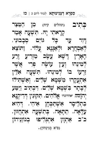 ‫תא‬‫צניע‬ ‫ספרא‬ְְְִִָָ‫לי‬ ‫ד‬‫ל‬‫ג‬|‫כז‬ ִ
‫תיב‬ ּ‫כ‬ ‫צר‬ ּ‫המ‬ ‫מן‬ 
‫אמר‬ ‫עה‬ ׁ‫ש‬ ּ‫ת‬ . ּ‫יה‬ ‫קראתי‬
ּ‫כ‬ ‫עד‬ ‫וד‬ ּ‫ד‬,‫ני‬ּ‫ו‬‫סבב‬ ‫ים‬ֹ‫ו‬ּ‫ג‬ 
ּ‫ו‬ ‫אסחרא‬‫ע‬ ‫נא‬ּ‫אג‬‫צא‬ֹ‫ו‬ ּ‫ות‬ .‫י‬ֹ‫ו‬ 
‫זרע‬ ‫מזריע‬ ‫ב‬ׂ‫עש‬ ‫א‬ ׁ‫ש‬ ּ‫ד‬ ‫הארץ‬
‫ר‬ ׁ‫אש‬ ‫פרי‬ ‫ה‬ ׂ‫ש‬ֹ‫עו‬ ‫ועץ‬ ּ‫ו‬‫מינה‬ 
ֹ‫בו‬ ֹ‫זרעו‬‫א‬ ‫עה‬ ׁ‫ש‬ ּ‫ת‬ .ּ‫ו‬‫מינה‬‫ין‬ 
ׁ‫ש‬ ‫מא‬‫מ‬ ּ‫ו‬‫אתעקר‬‫י‬ ּ‫ת‬ ׁ‫ואש‬ ,‫ים‬ּ‫ו‬ 
ׁ‫ש‬ ‫מא‬ ׁ‫ש‬ ּ‫ב‬ ‫בתר‬‫ע‬ ּ‫ט‬ּ‫י‬‫ו‬ ‫יב‬ ּ‫כת‬ ּ‫ד‬ ,‫ים‬ 
ֹ‫יהו‬ ‫א‬‫דיקנא‬ ּ‫ד‬ ‫נין‬ּ‫ו‬ ּ‫ק‬ ּ‫ת‬ .‫הים‬ 
‫בת‬‫היא‬ ּ‫ד‬ ,‫איהי‬ ‫חן‬ ּ‫כ‬ ּ‫ת‬ ׁ‫אש‬ ‫יסר‬ 
‫ע‬.‫ן‬ּ‫ו‬‫אתחז‬ ‫עה‬ ׁ‫תש‬ ּ‫ב‬ ,‫אה‬ ּ‫תת‬ .‫אה‬ 
ּ‫אתג‬ ‫אתוון‬ ‫כ"ב‬‫ן‬ֹ‫וניהו‬ֹ‫בגו‬ ּ‫ו‬‫יפ‬ 
 . 
 