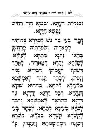 ‫לב‬|‫לי‬ ‫ד‬‫ל‬‫ד‬ ִ‫תא‬‫צניע‬ ‫ספרא‬ְְְִִָָ
ׁ‫רחיש‬ ‫הוה‬ ‫במיא‬ּ‫ו‬ ,‫א‬ ּ‫עת‬ ּ‫ד‬ ‫ת‬ּ‫ו‬‫בנקי‬ּ‫ו‬
.‫תא‬ּ‫י‬‫ח‬ ‫א‬ ׁ‫נפש‬
‫וכד‬ׁ‫נש‬ ‫בר‬ ‫עי‬ ּ‫ב‬‫צ‬ ‫רא‬ ּ‫סד‬ּ‫תיה‬ֹ‫ו‬ 
‫ן‬ ׁ‫מרחש‬ ּ‫פוותיה‬ׂ‫וש‬ , ּ‫מאריה‬ 
‫א‬ ּ‫ת‬ ּ‫מת‬ ‫וונא‬ּ‫ג‬ ‫האי‬ ּ‫ב‬‫עי‬,‫א‬ 
‫ס‬, ּ‫דמאריה‬ ‫יקרא‬ ‫קא‬‫אתר‬ 
‫נגיד‬ ,‫בירא‬ ּ‫ד‬ ּ‫ו‬‫דעמיק‬ ּ‫ו‬‫קי‬ ׁ‫ש‬ ּ‫ד‬
.‫ונפיק‬‫ינגיד‬ ‫בתר‬‫כא‬ ׁ‫אמש‬ 
‫מ‬‫עי‬‫א‬‫קיא‬ ׁ‫ש‬ ‫א‬ּ‫ו‬‫מהה‬ ,‫א‬ ּ‫תת‬ 
‫נח‬ ּ‫ד‬,‫א‬‫כ‬‫עד‬ ,‫א‬ּ‫ודרג‬ ‫א‬ּ‫רג‬ ּ‫ד‬ 
‫בתראה‬ ‫א‬ּ‫רג‬ ּ‫ד‬‫נדבה‬ ‫כא‬ ׁ‫אמש‬ 
‫כ‬‫מעי‬ ‫א‬‫א‬.‫א‬ ּ‫תת‬‫עי‬ ּ‫ב‬ ‫בתר‬ 
‫כ‬ ּ‫ב‬ ‫רא‬ ׁ‫קש‬ ‫רא‬‫ק‬‫רא‬ ׁ‫קש‬ ,‫א‬ 
ּ‫כ‬ ‫ן‬ּ‫ו‬‫ד‬ ּ‫ויעב‬ ‫תא‬ּ‫ו‬‫מהימנ‬ ּ‫ד‬ ‫נה‬ּ‫ו‬‫דכ‬ 
 