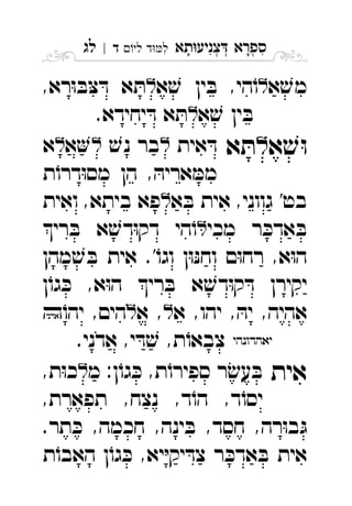 ‫תא‬‫צניע‬ ‫ספרא‬ְְְִִָָ‫לי‬ ‫ד‬‫ל‬‫ד‬|‫לג‬ ִ
‫א‬ ׁ‫מש‬‫א‬ ׁ‫ש‬ ‫ין‬ ּ‫ב‬ ,‫הי‬ֹ‫ו‬,‫רא‬ּ‫ו‬ ּ‫ב‬ּ‫צ‬ ּ‫ד‬ ‫א‬ ּ‫ת‬ 
ּ‫ב‬‫א‬ ׁ‫ש‬ ‫ין‬.‫יחידא‬ ּ‫ד‬ ‫א‬ ּ‫ת‬ 
‫א‬ ׁ‫ש‬ּ‫ו‬‫א‬ ּ‫ת‬‫אית‬ ּ‫ד‬ׁ‫נש‬ ‫בר‬‫א‬‫א‬ 
‫ת‬ֹ‫דרו‬ּ‫ו‬‫מס‬ ‫הן‬ , ּ‫אריה‬ ּ‫ממ‬
‫א‬ ּ‫ב‬ ‫אית‬ ,‫גווני‬ '‫בט‬‫ואית‬ ,‫ביתא‬ ‫פא‬ 
‫מכי‬ ‫ר‬ ּ‫אדכ‬ ּ‫ב‬‫רי‬ ּ‫ב‬ ‫א‬ ׁ‫דש‬ּ‫ו‬‫דק‬ ‫הי‬ֹ‫ו‬ 
‫מהן‬ ׁ‫ש‬ ּ‫ב‬ ‫אית‬ .'ֹ‫וגו‬ ‫ן‬ּ‫ו‬ּ‫נ‬‫וח‬ ‫ם‬ּ‫ו‬‫רח‬ ,‫א‬ּ‫ו‬‫ה‬
‫ן‬ֹ‫גו‬ ּ‫כ‬ ,‫א‬ּ‫ו‬‫ה‬ ‫רי‬ ּ‫ב‬ ‫א‬ ׁ‫דש‬ּ‫ו‬‫ק‬ ּ‫ד‬ ‫יקירן‬
‫א‬ ,‫יהו‬ , ּ‫יה‬ ,‫אהיה‬‫א‬ ,,‫הים‬ֹ‫יהו‬ 
.‫אדני‬ ,‫י‬ ּ‫ד‬ ׁ‫ש‬ ,‫ת‬ֹ‫צבאו‬
‫אית‬‫מ‬ :‫ן‬ֹ‫גו‬ ּ‫כ‬ ,‫ת‬ֹ‫ספירו‬ ‫ר‬ׂ‫עש‬ ּ‫ב‬,‫ת‬ּ‫ו‬‫כ‬ 
,‫תפארת‬ ,‫נצח‬ ,‫ד‬ֹ‫הו‬ ,‫ד‬ֹ‫יסו‬
.‫תר‬ ּ‫כ‬ ,‫חכמה‬ ,‫ינה‬ ּ‫ב‬ ,‫חסד‬ ,‫רה‬ּ‫ו‬‫ב‬ּ‫ג‬
‫ת‬ֹ‫האבו‬ ‫ן‬ֹ‫גו‬ ּ‫כ‬ ,‫יא‬ּ‫י‬‫יק‬ ּ‫צד‬ ‫ר‬ ּ‫אדכ‬ ּ‫ב‬ ‫אית‬
 