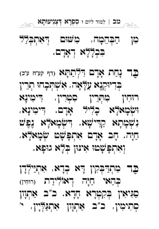 ‫מב‬|‫לי‬ ‫ד‬‫ל‬‫ו‬ ִ‫תא‬‫צניע‬ ‫ספרא‬ְְְִִָָ
ּ‫אתכ‬ ּ‫ד‬ ‫ם‬ּ‫ו‬‫מ‬ ,‫המה‬ ּ‫הב‬ ‫מן‬ 
‫כ‬ ּ‫ב‬.‫דאדם‬ ‫א‬ 
‫ד‬ ּ‫כ‬ּ‫ד‬ ‫אדם‬ ‫נחת‬‫א‬ ּ‫תת‬   
‫ע‬ ‫קנא‬ּ‫ו‬ּ‫י‬‫ד‬ ּ‫ב‬‫תרין‬ ּ‫ו‬‫כח‬ ּ‫ת‬ ׁ‫אש‬ ,‫אה‬ 
‫ימינא‬ ּ‫ד‬ ,‫סטרין‬ ‫רין‬ ּ‫מת‬ ‫חין‬ּ‫ו‬‫ר‬
‫מא‬ ׂ‫ש‬ּ‫ו‬‫כ‬ ‫א‬‫י‬,‫ימינא‬ ּ‫ד‬ .‫אדם‬ 
‫מא‬ ׂ‫ש‬ ּ‫ד‬ .‫א‬ ׁ‫יש‬ ּ‫קד‬ ‫מתא‬ ׁ‫נש‬ׁ‫נפש‬ ‫א‬ 
‫ח‬ .‫ה‬ּ‫י‬‫ח‬‫מא‬ ׂ‫ש‬ ‫ט‬ ׁ‫ש‬ ּ‫אתפ‬ ‫אדם‬ ‫ב‬,‫א‬ 
ּ‫ב‬ ‫ן‬ּ‫ו‬ּ‫נ‬‫אי‬ ּ‫ו‬‫ט‬ ׁ‫ש‬ ּ‫ואתפ‬.‫פא‬ּ‫ו‬‫ג‬ ‫א‬‫ו‬ 
‫ד‬ ּ‫כ‬‫י‬ּ‫י‬‫את‬ ,‫בדא‬ ‫א‬ ּ‫ד‬ ‫קין‬ ּ‫ב‬ ּ‫מתד‬‫דן‬ 
ֹ‫דאו‬ ‫ה‬ּ‫י‬‫ח‬ ‫האי‬ ּ‫כ‬‫ידת‬ 
‫אתוון‬ ‫כ"ב‬ .‫חדא‬ ‫קטרא‬ ּ‫ב‬ ‫יאין‬ּ‫סג‬
ּ‫אתג‬ ‫אתוון‬ ‫כ"ב‬ ,‫סתימין‬'‫י‬ ,‫יין‬ 
 