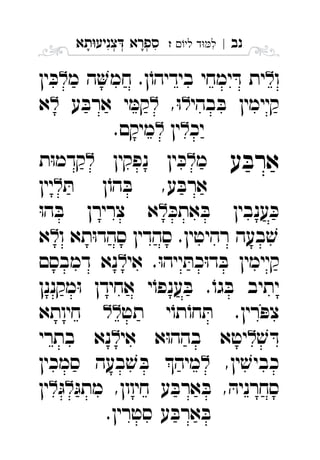 ‫נב‬|‫לי‬ ‫ד‬‫ל‬‫ז‬ ִ‫תא‬‫צניע‬ ‫ספרא‬ְְְִִָָ
‫ו‬‫מ‬ ‫ה‬‫חמ‬ .‫ן‬ֹ‫בידיהו‬ ‫ימחי‬ ּ‫ד‬ ‫ית‬‫ין‬ ּ‫כ‬ 
‫בהי‬ ּ‫ב‬ ‫קיימין‬,ּ‫ו‬‫ע‬ ּ‫ארב‬ ‫י‬ ּ‫קמ‬‫א‬ 
‫יכ‬‫ין‬.‫מיקם‬ 
‫ע‬ ּ‫ארב‬‫מ‬‫נפקין‬ ‫ין‬ ּ‫כ‬‫ת‬ּ‫ו‬‫קדמ‬ 
ּ‫ת‬ ‫ן‬ֹ‫הו‬ ּ‫ב‬ ,‫ע‬ ּ‫ארב‬‫יין‬ 
ּ‫אתכ‬ ּ‫ב‬ ‫ענבין‬ ּ‫כ‬ּ‫ו‬‫ה‬ ּ‫ב‬ ‫צרירן‬ ‫א‬ 
‫ו‬ ‫תא‬ּ‫ו‬‫סהד‬ ‫סהדין‬ .‫רהיטין‬ ‫בעה‬ ׁ‫ש‬‫א‬ 
‫אי‬ .ּ‫ו‬‫ייה‬ ּ‫כת‬ּ‫ו‬‫ד‬ ּ‫ב‬ ‫קיימין‬‫דמבסם‬ ‫נא‬ 
‫מקננן‬ּ‫ו‬ ‫אחידן‬ ‫י‬ֹ‫ענפו‬ ּ‫ב‬ .ֹ‫גו‬ ּ‫ב‬ ‫יתיב‬
‫תט‬ ‫י‬ֹ‫תו‬ֹ‫חו‬ ּ‫ת‬ .‫רין‬ ּ‫צפ‬‫חיותא‬ 
ׁ‫ש‬ ּ‫ד‬‫אי‬ ‫א‬ּ‫ו‬‫בהה‬ ‫יטא‬‫בתרי‬ ‫נא‬ 
,‫ין‬ ׁ‫כביש‬‫סמכין‬ ‫בעה‬ ׁ‫ש‬ ּ‫ב‬ ‫מיה‬ 
ּ‫מתג‬ ,‫חיוון‬ ‫ע‬ ּ‫ארב‬ ּ‫ב‬ , ּ‫סחרניה‬ּ‫ג‬‫ין‬ 
.‫סטרין‬ ‫ע‬ ּ‫ארב‬ ּ‫ב‬
 