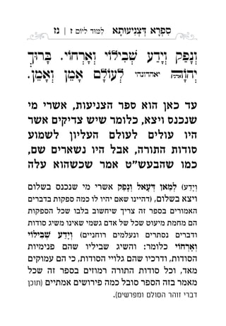 ‫תא‬‫צניע‬ ‫ספרא‬ְְְִִָָ‫לי‬ ‫ד‬‫ל‬‫ז‬|‫נז‬ ִ
‫בי‬ ׁ‫ש‬ ‫וידע‬ ‫ונפק‬.‫י‬ֹ‫וארחו‬ ‫י‬ֹ‫ו‬‫ך‬ּ‫ו‬‫ר‬ ּ‫ב‬ 
ֹ‫יהו‬ ‫ואמן‬ ‫אמן‬ ‫ם‬ֹ‫עו‬. 
  ,    
    , 
    
,    , 
   " 
(‫וידע‬‫ונפק‬ ‫עאל‬ ‫למאן‬‫בשלום‬ ‫שנכנס‬ ‫מי‬ ‫אשרי‬ ְְְְַַַָָָ
,‫בשלום‬ ‫ויצא‬‫בדברים‬ ‫ספקות‬ ‫כמה‬ ‫לו‬ ‫יהיו‬ ‫שאם‬ ‫)דהיינו‬
‫הספקות‬ ‫שכל‬ ‫בלבו‬ ‫שיחשוב‬ ‫צריך‬ ‫זה‬ ‫בספר‬ ‫האמורים‬
‫סודות‬ ‫משיג‬ ‫שאינו‬ ‫גשמי‬ ‫אדם‬ ‫של‬ ‫שכל‬ ‫מיעוט‬ ‫מחמת‬ ‫הם‬
(‫רוחניים‬ ‫ונעלמים‬ ‫נסתרים‬ ‫ודברים‬‫י‬‫ביל‬ ‫וידע‬ְְִַָ
‫י‬‫וארח‬‫פנימיות‬ ‫שהם‬ ‫שביליו‬ ‫והשיג‬ :‫כלומר‬ ְְָ
‫עמוקים‬ ‫הם‬ ‫כי‬ ,‫הסודות‬ ‫גלויי‬ ‫שהם‬ ‫ודרכיו‬ ,‫הסודות‬
‫שכל‬ ‫זה‬ ‫בספר‬ ‫רמוזים‬ ‫התורה‬ ‫סודות‬ ‫וכל‬ ,‫מאד‬
‫אמתיים‬ ‫פירושים‬ ‫כמה‬ ‫סובל‬ ‫הספר‬ ‫בזה‬ ‫מאמר‬‫)תוכן‬
(‫ומפרשים‬ ‫הסולם‬ ‫זוהר‬ ‫דברי‬.
 